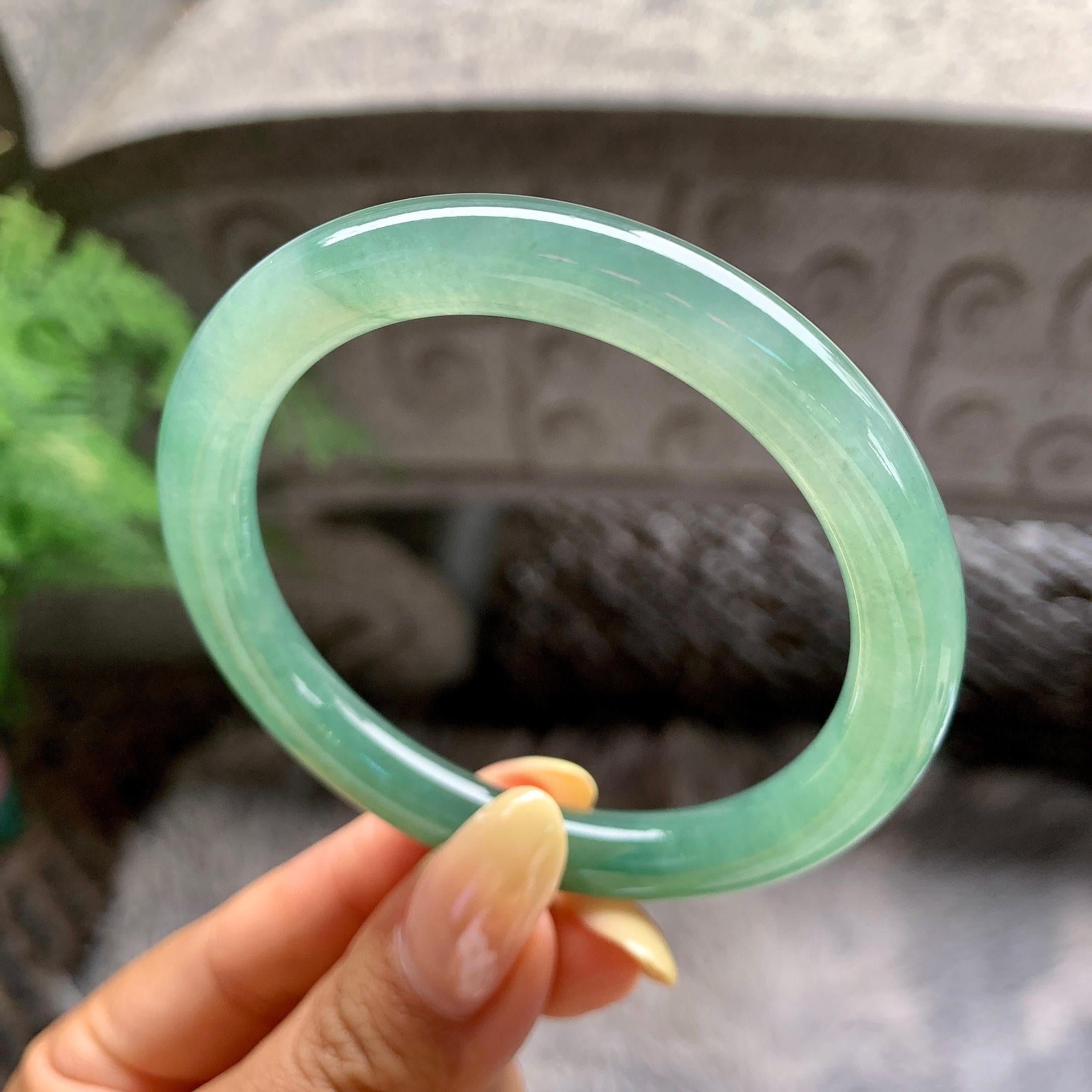 糯冰种油青色圆条手镯55.2圈 天然缅甸A货翡翠（yc481903）