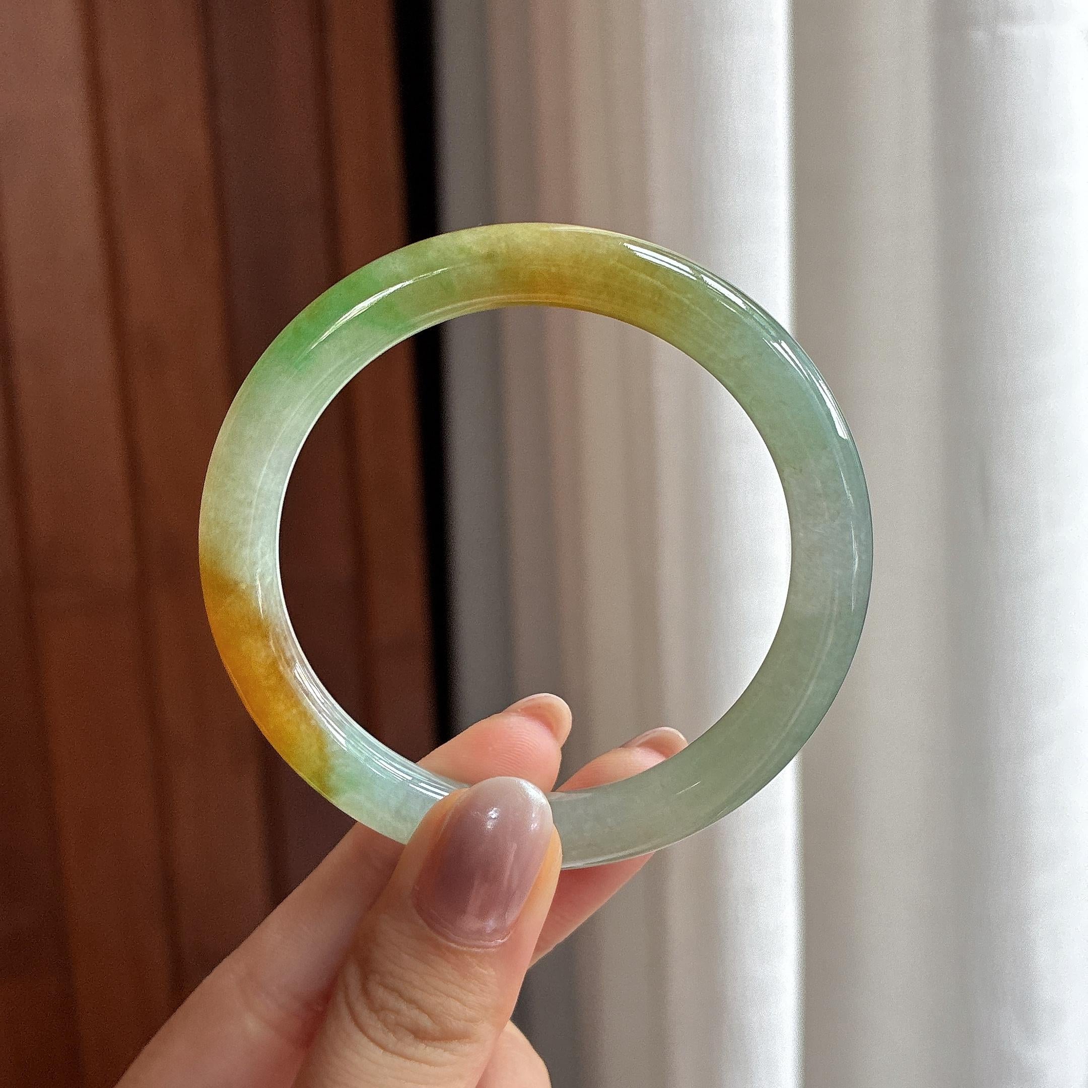 糯冰黄加绿圆条手镯 53圈 天然缅甸A货翡翠（yc507366）