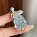 18k金钻镶冰种无色雪花棉翡翠财神爷吊坠（yc265789）