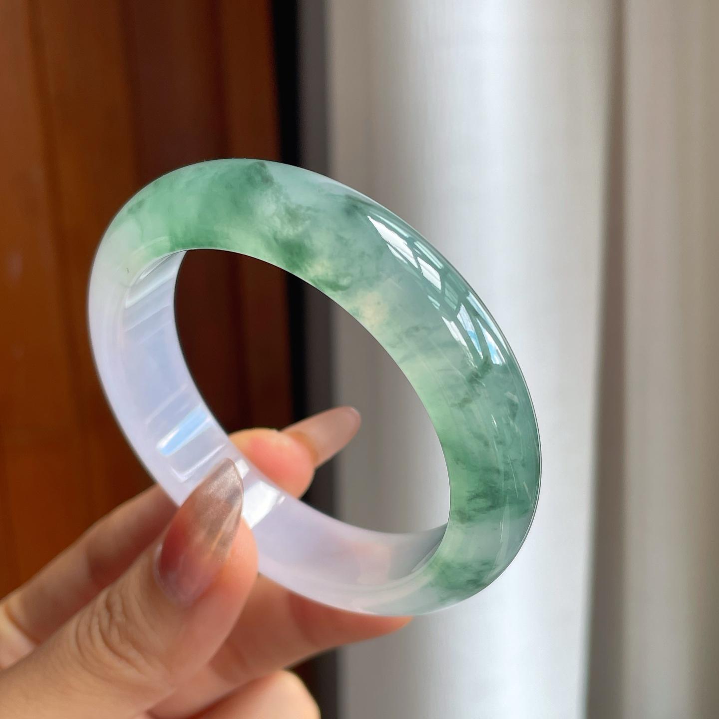 冰种飘花带春底翡翠平安镯（53.4mm）（yc230329）