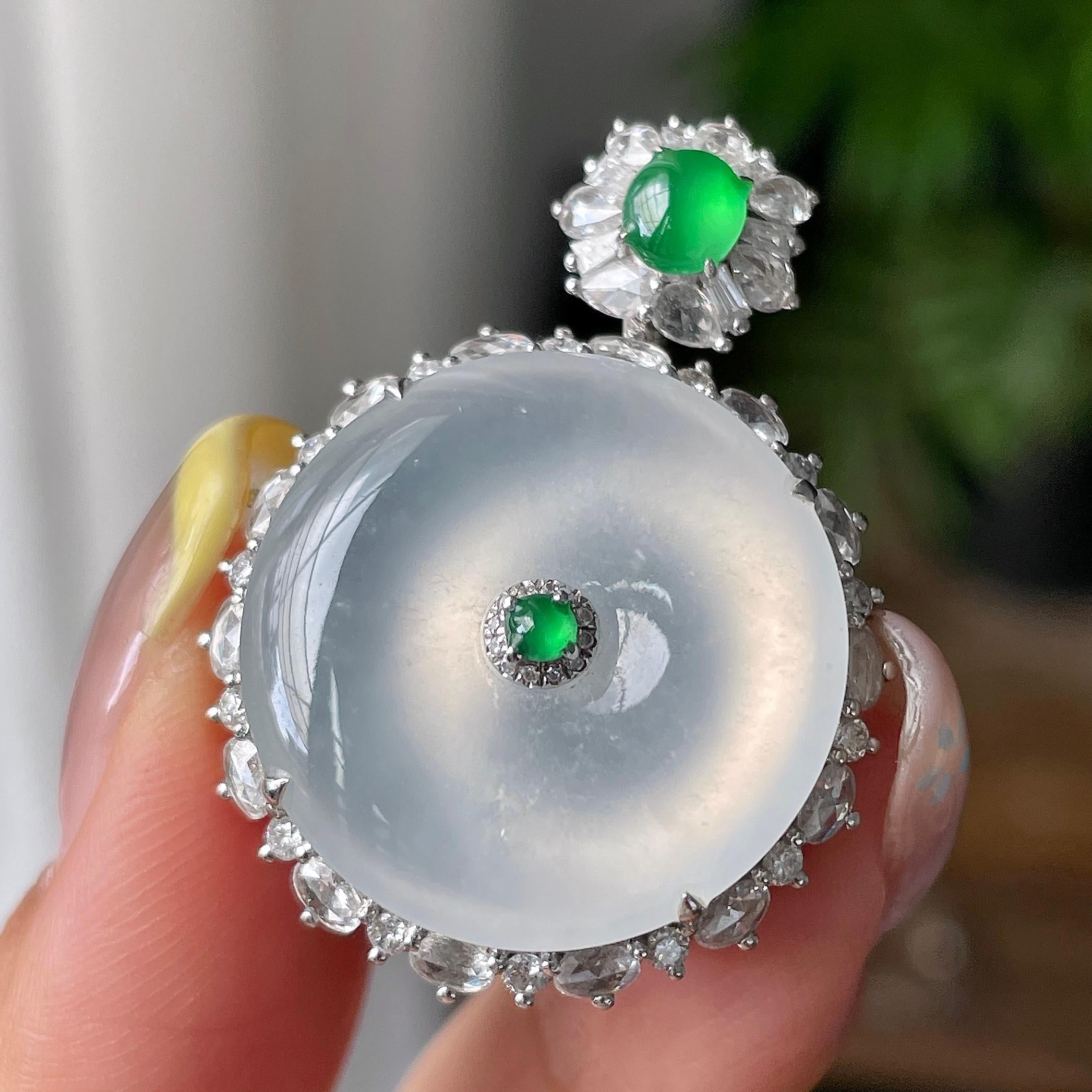 18k金钻镶高冰种无色平安扣吊坠       天然缅甸A货翡翠（yc385206）
