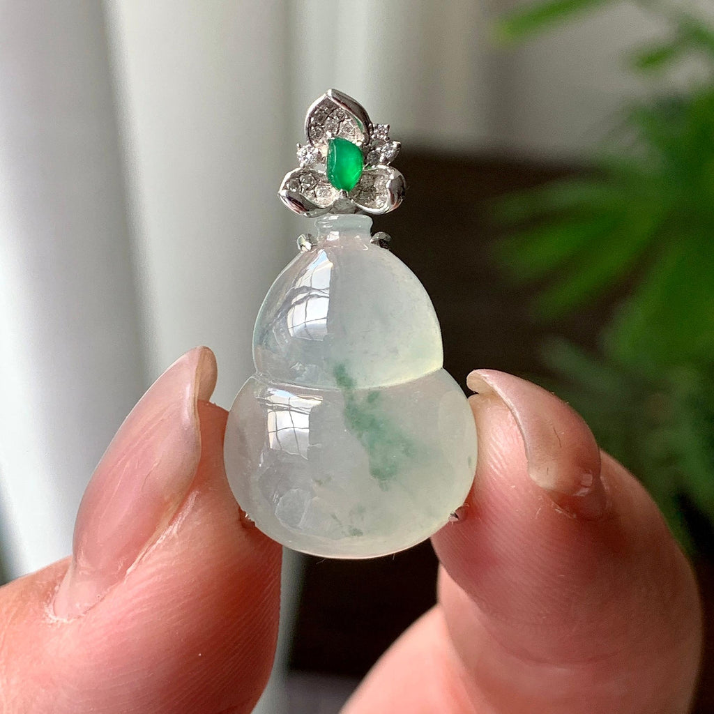 18K金钻镶糯冰种飘绿花葫芦吊坠 天然缅甸A货翡翠（yc356840）