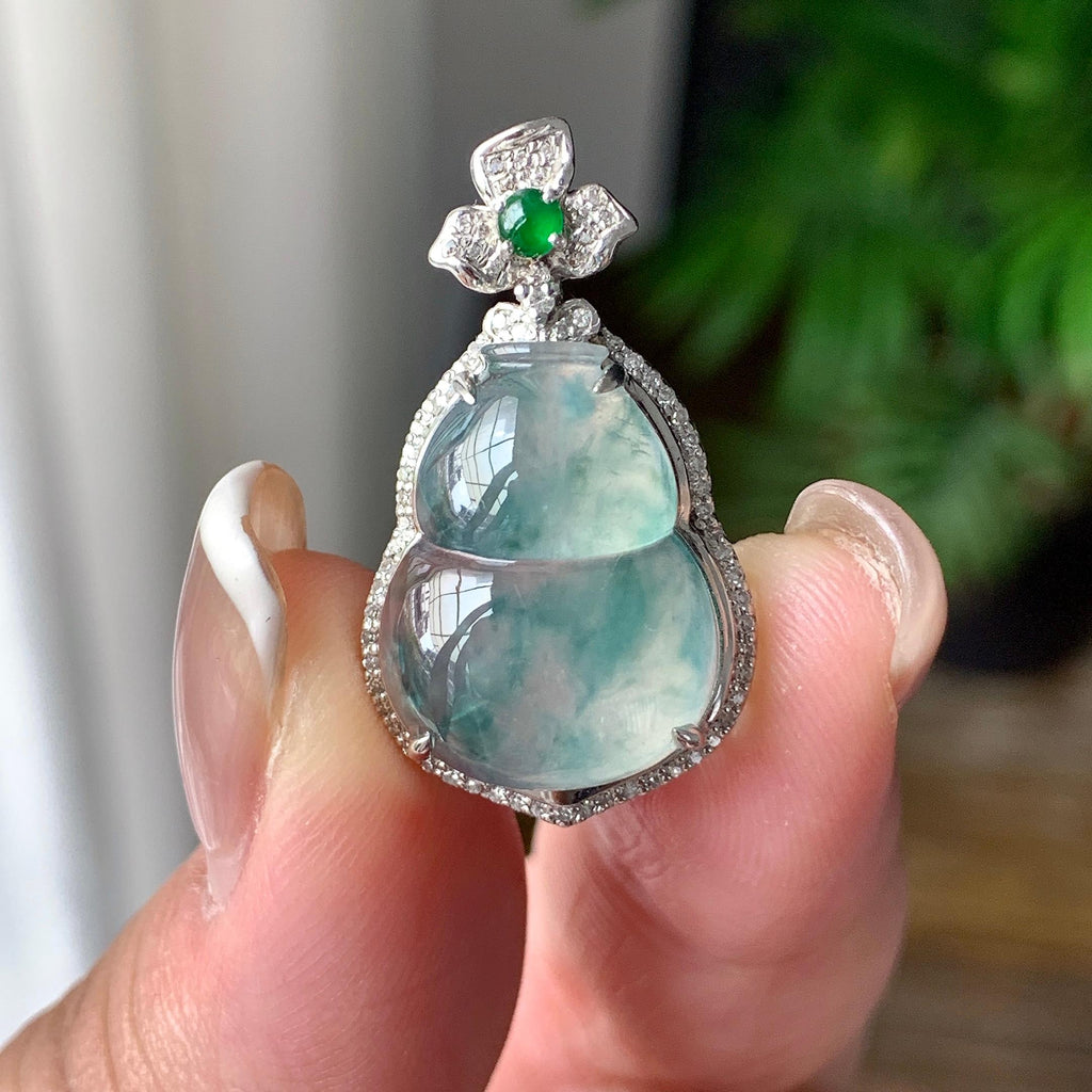 18K金钻镶冰种飘蓝花葫芦吊坠 天然缅甸A货翡翠（yc385235）