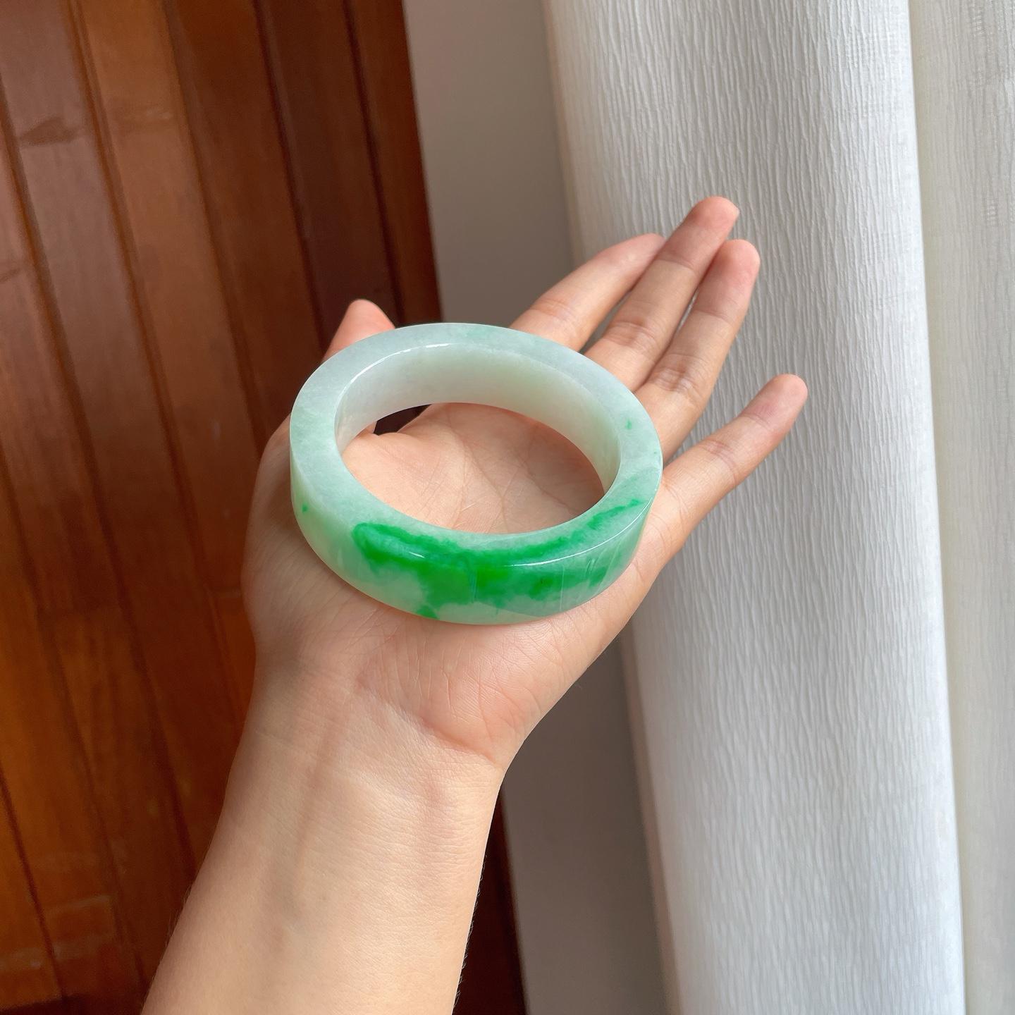 糯冰带色翡翠方镯（60.5mm)（yc382338）
