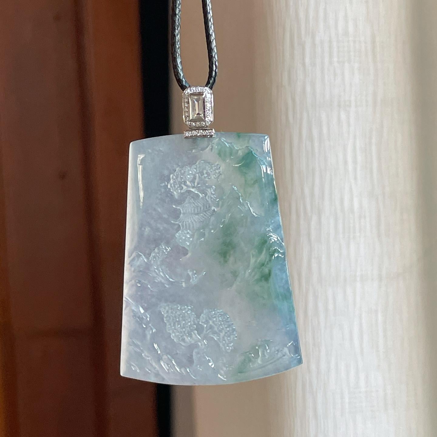 18k金钻镶糯冰飘花翡翠山水牌（yc290014）