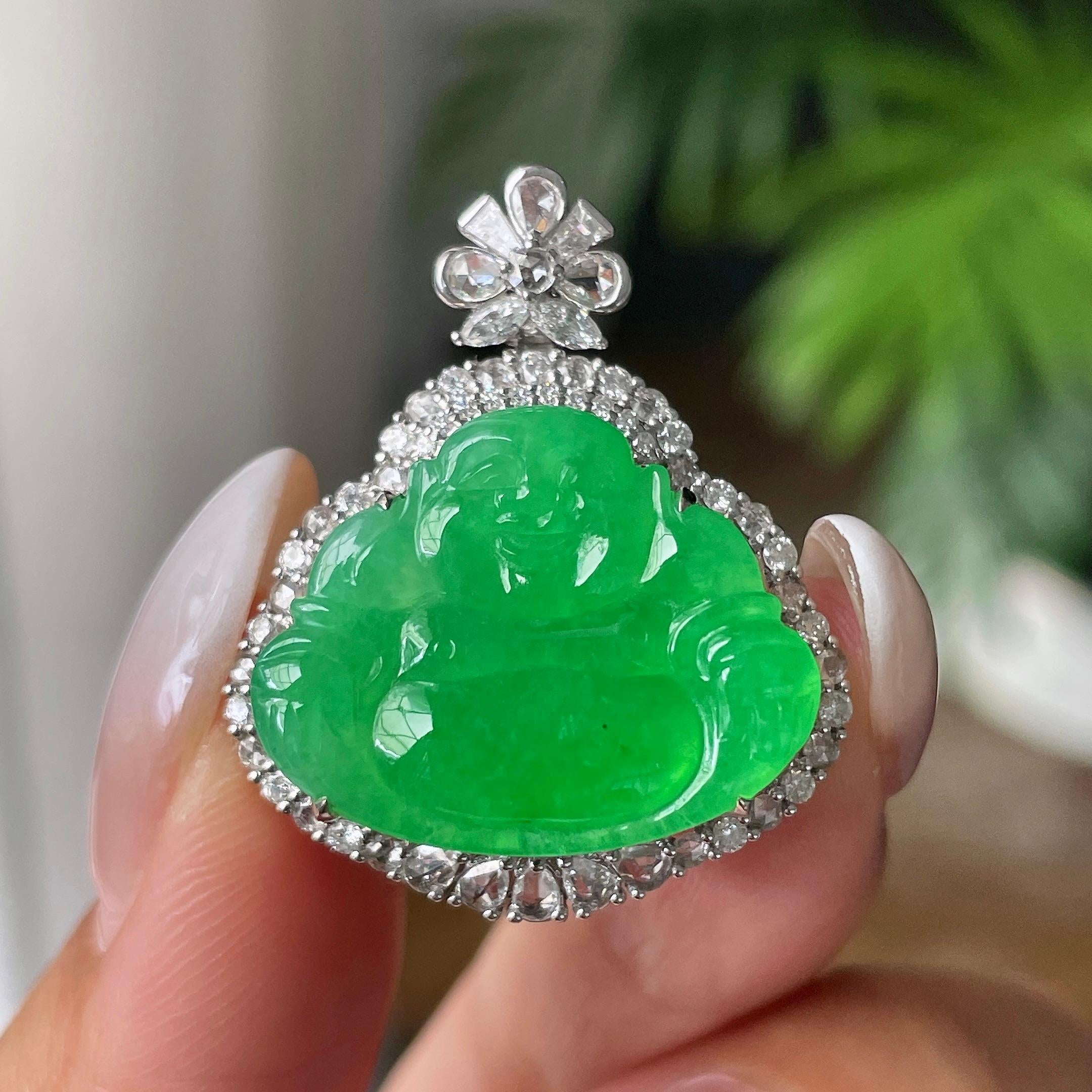 18k金钻镶冰种满绿佛公吊坠           天然缅甸A货翡翠（yc414767）