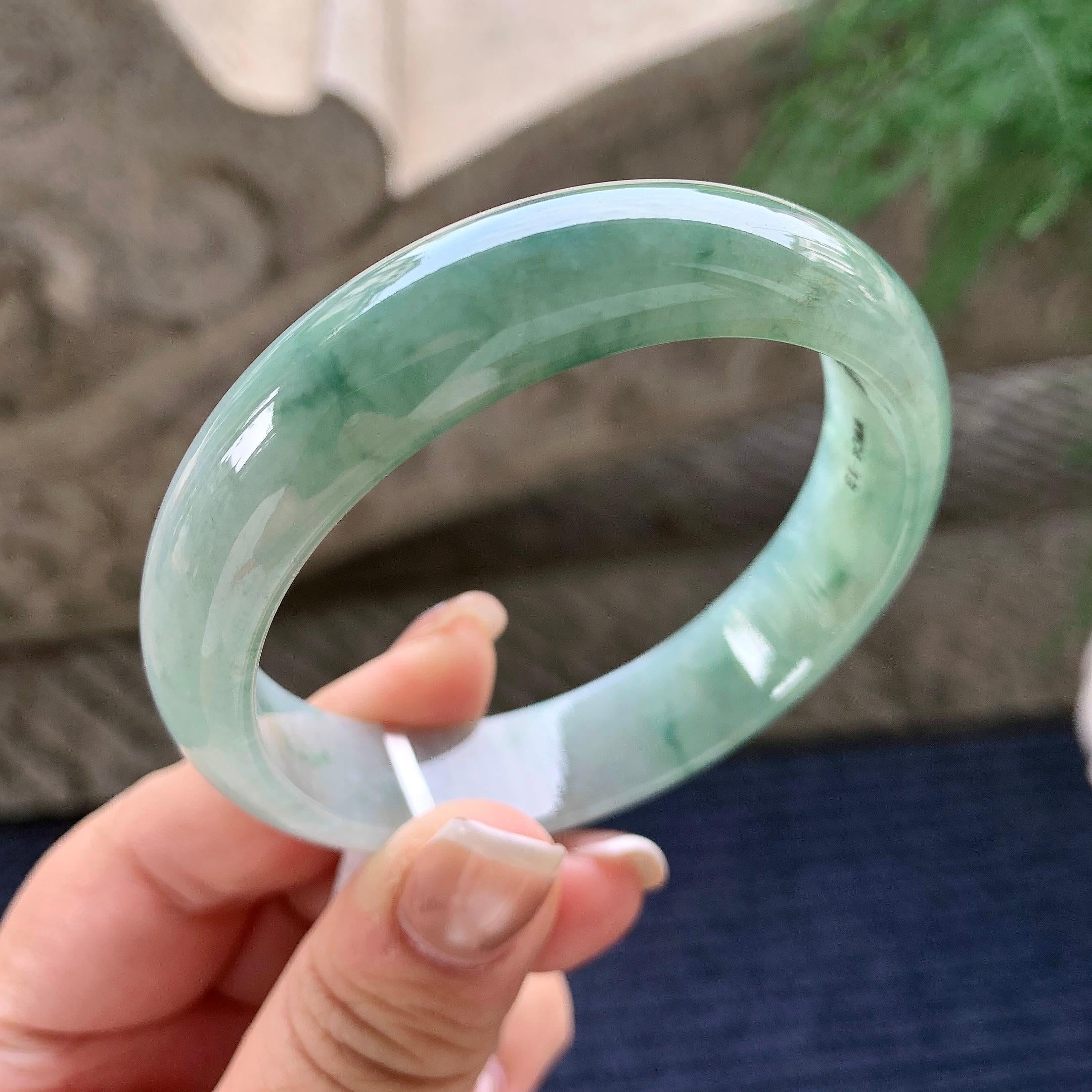 大圈口 糯冰种飘绿花宽版轮胎手镯 58.2圈口 天然缅甸A货翡翠（yc372348）