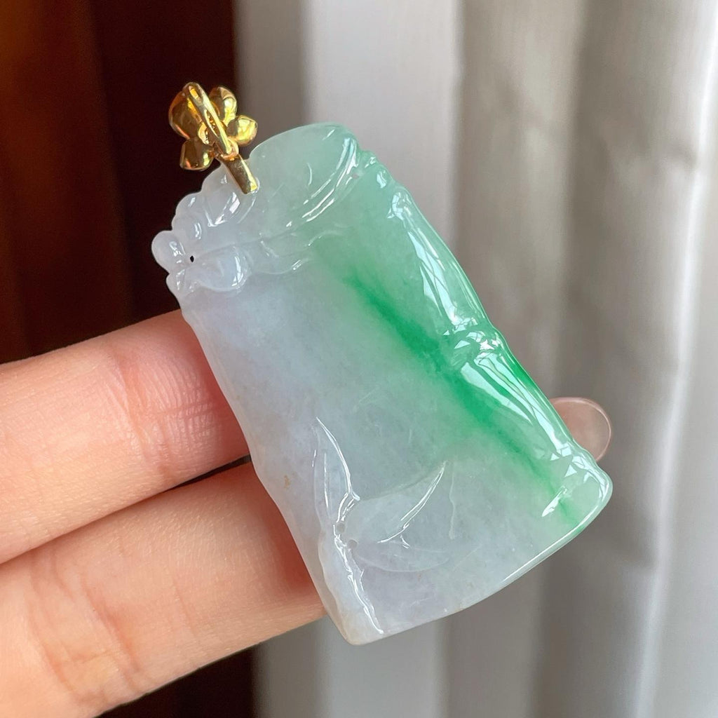 18k金扣糯冰种带色翡翠竹节挂件（yc187605）