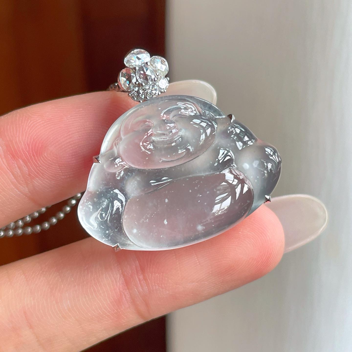 18k金钻镶冰玻种无色翡翠佛公（yc263545）