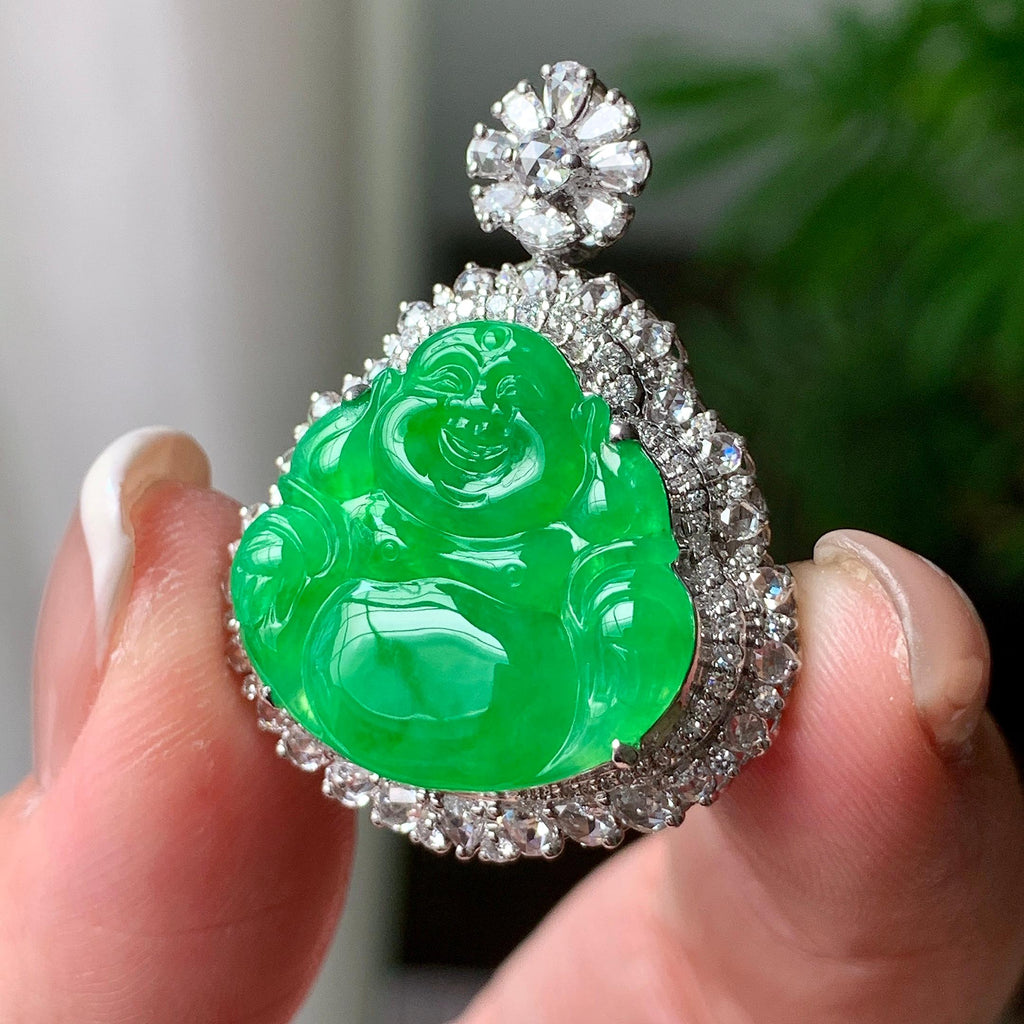 18K金钻镶糯冰种阳绿佛公吊坠  天然缅甸A货翡翠（yc363814）