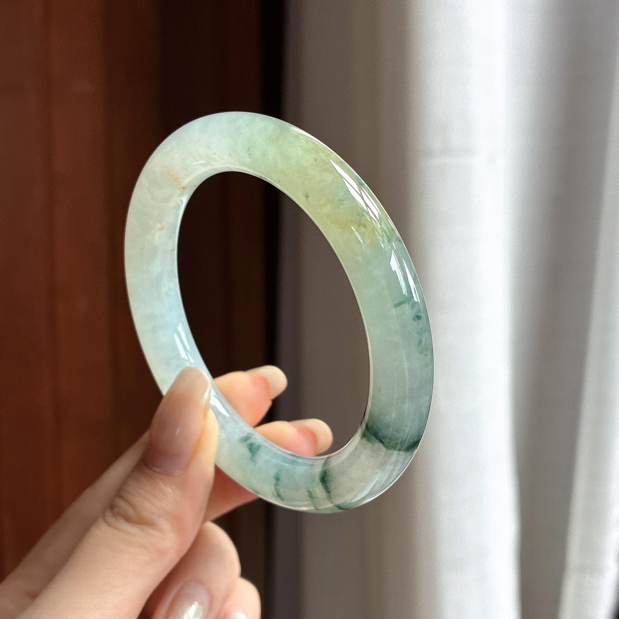 糯冰飘花特色圆条手镯 54圈 天然缅甸A货翡翠（yc461201）