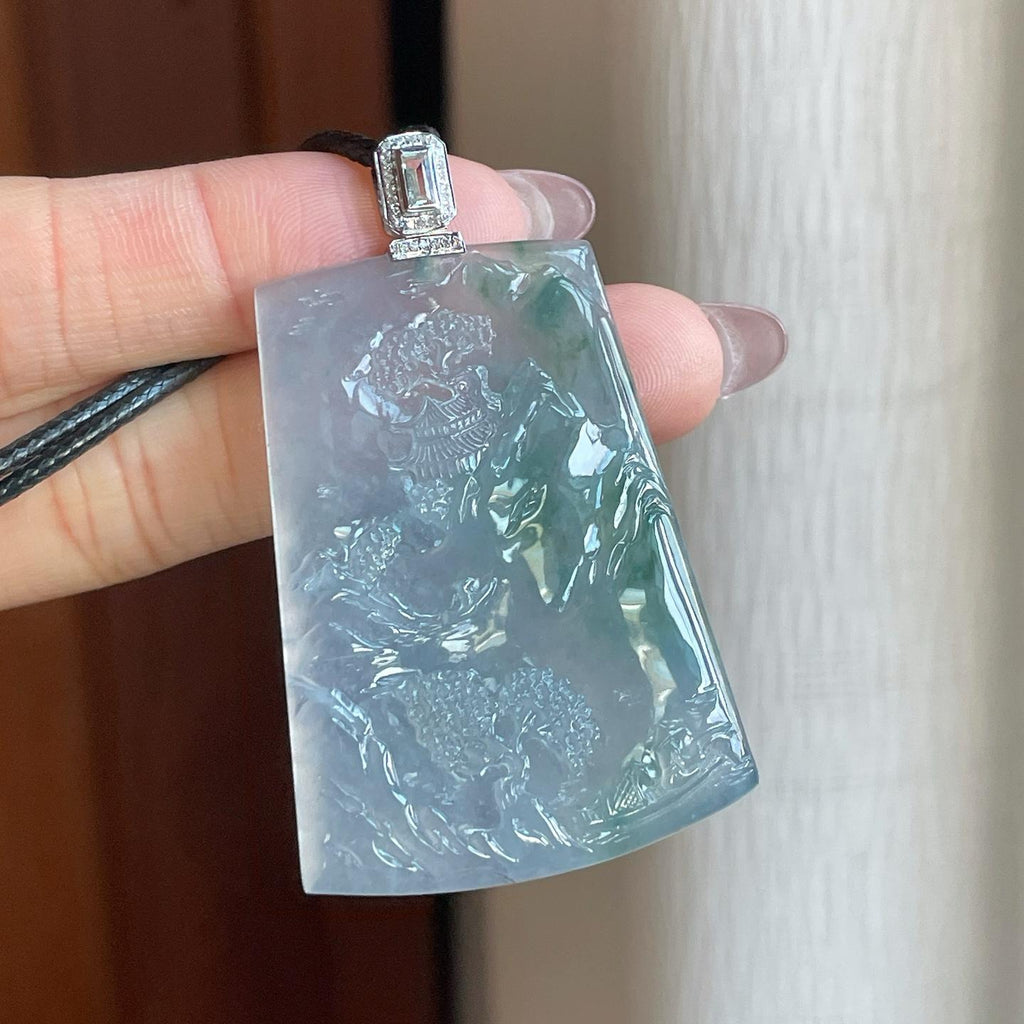 18k金钻镶糯冰飘花翡翠山水牌（yc290014）