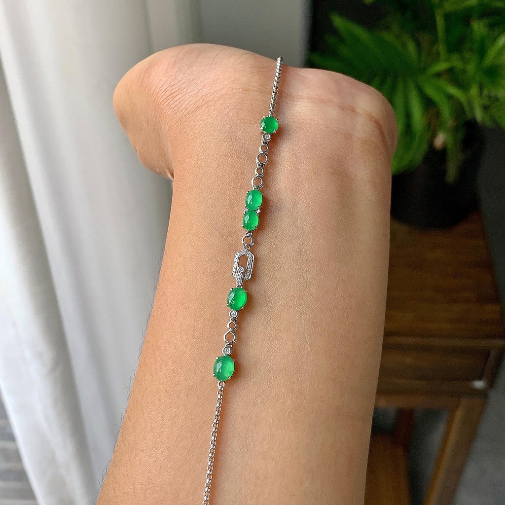 18k金钻镶冰种满绿蛋面手链（yc215983）