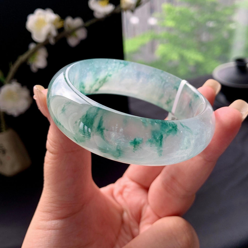 高冰种飘绿花宽版轮胎手镯 56.5圈口 天然缅甸A货翡翠（yc473144）