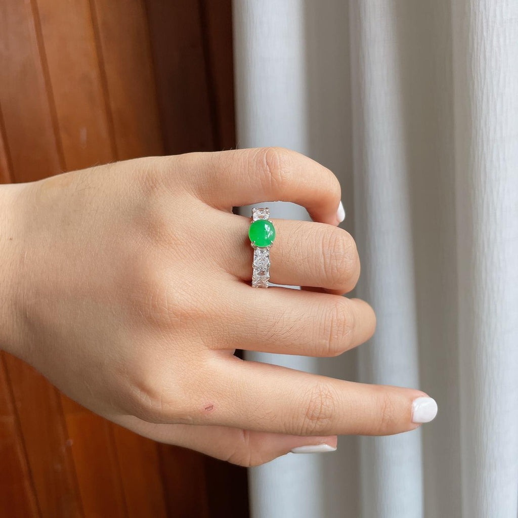 铜托冰种满绿翡翠蛋面（yc247642）