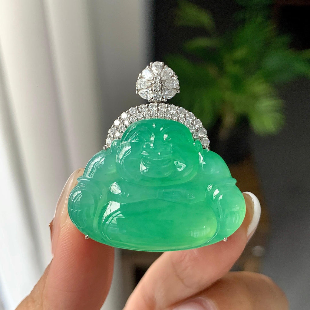 18K金钻镶冰种满绿佛公吊坠（yc252552）