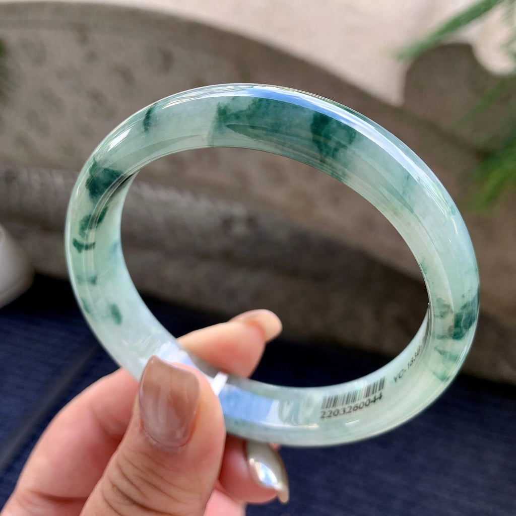 大圈口  细糯种飘蓝花正圈平安镯  60圈口  天然缅甸A货翡翠（yc433608）