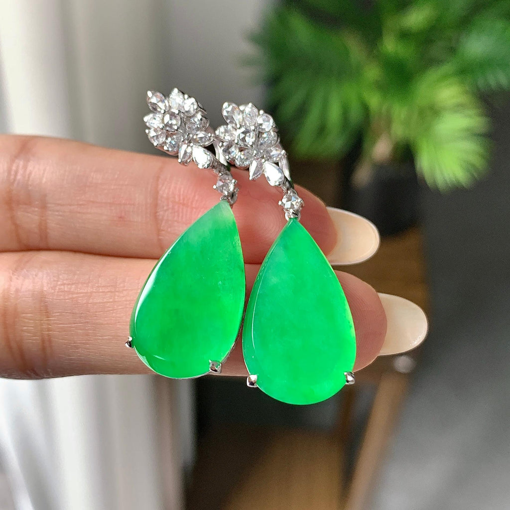 18k金钻镶糯冰种满绿水滴耳坠（yc253841）