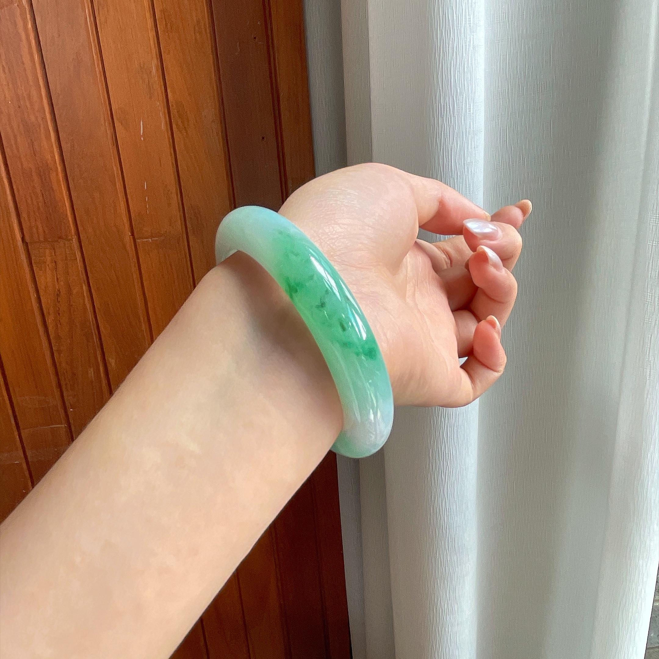 冰种春带彩正圈平安镯 54圈 天然缅甸A货翡翠（yc697747）