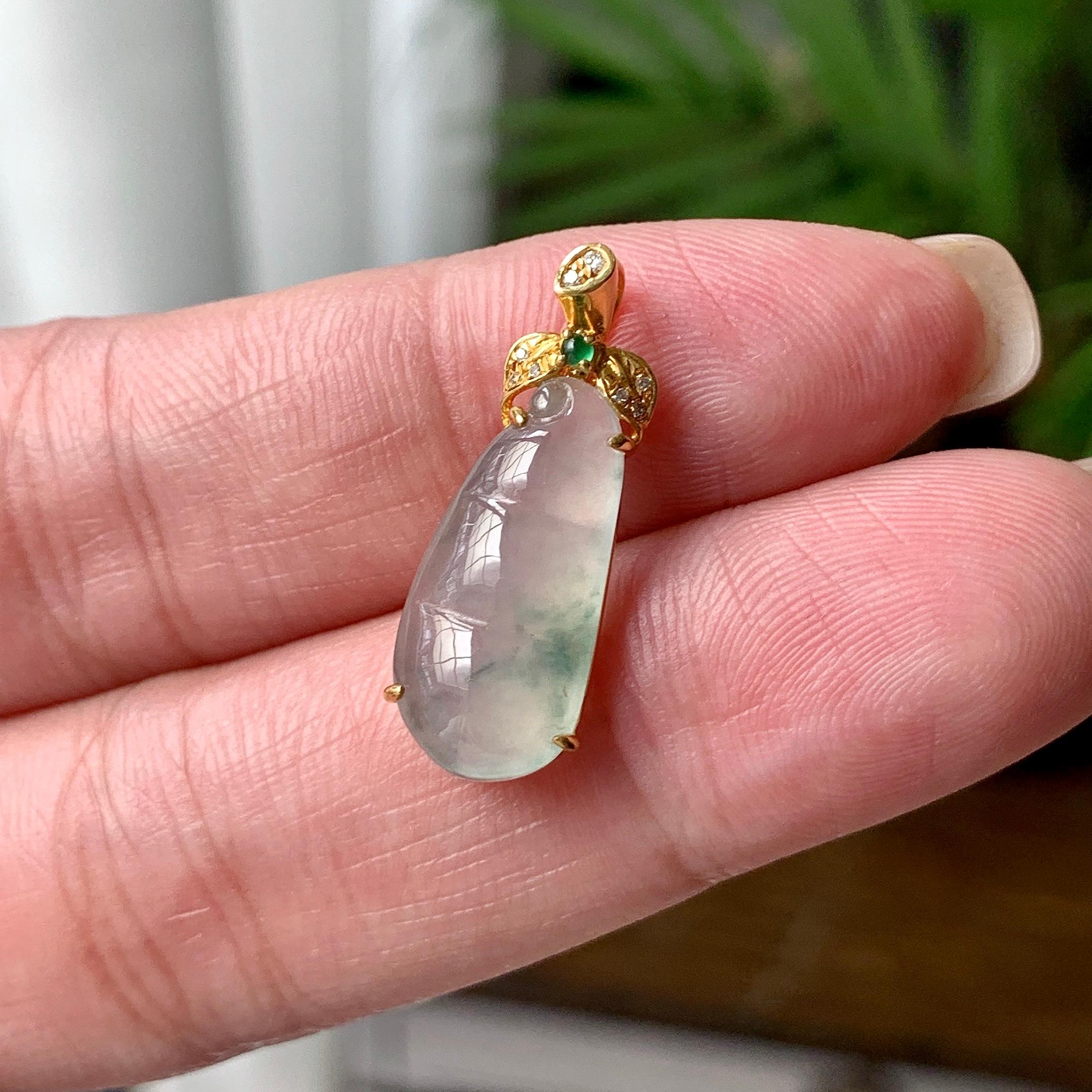 18K金钻镶糯冰种飘绿花福豆吊坠  天然缅甸A货翡翠（yc449544）