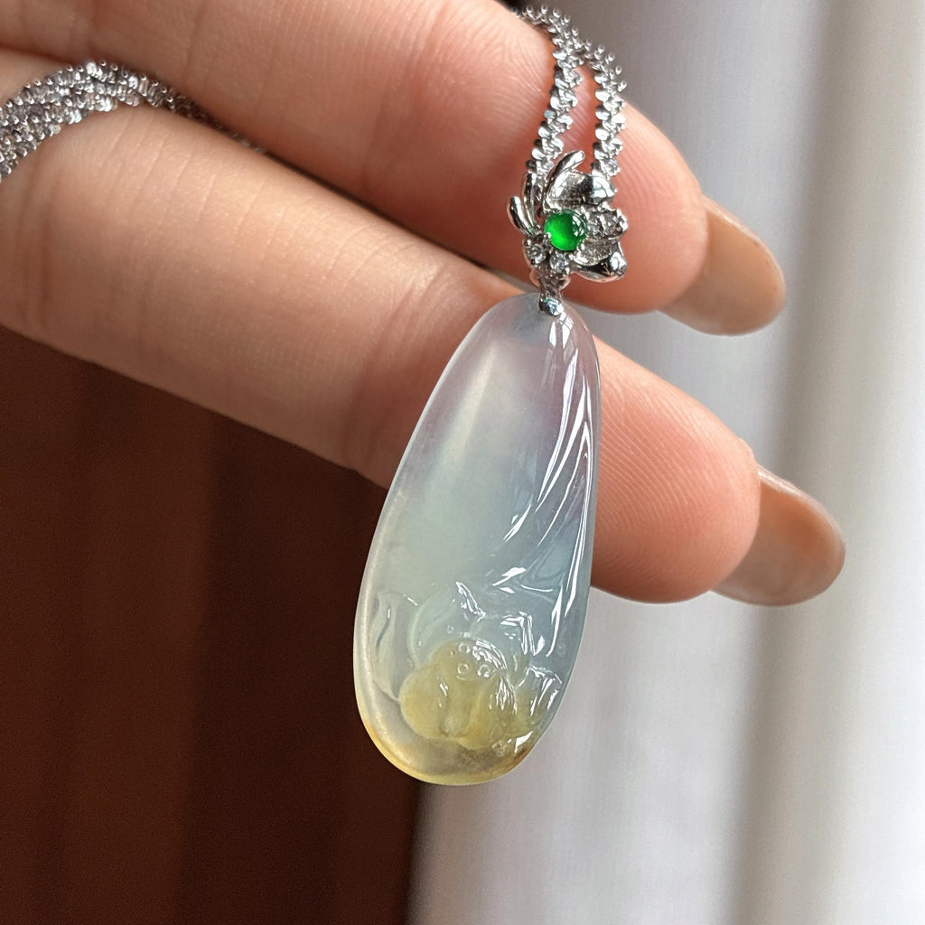 18k金扣冰种黄翡莲花挂件 天然缅甸A货翡翠（yc456316）