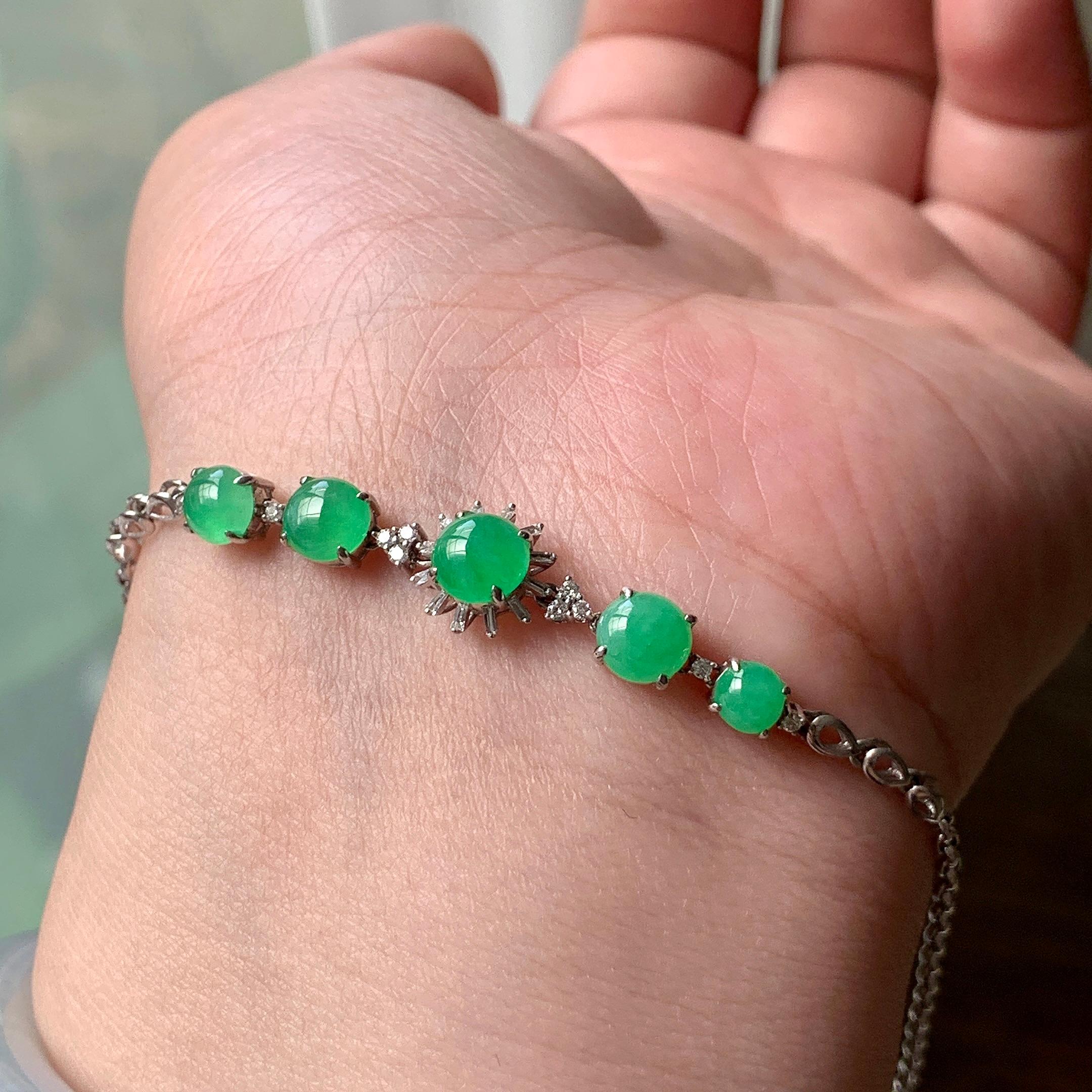 18K金钻镶糯冰种翠绿蛋面手链  天然缅甸A货翡翠（yc362103）