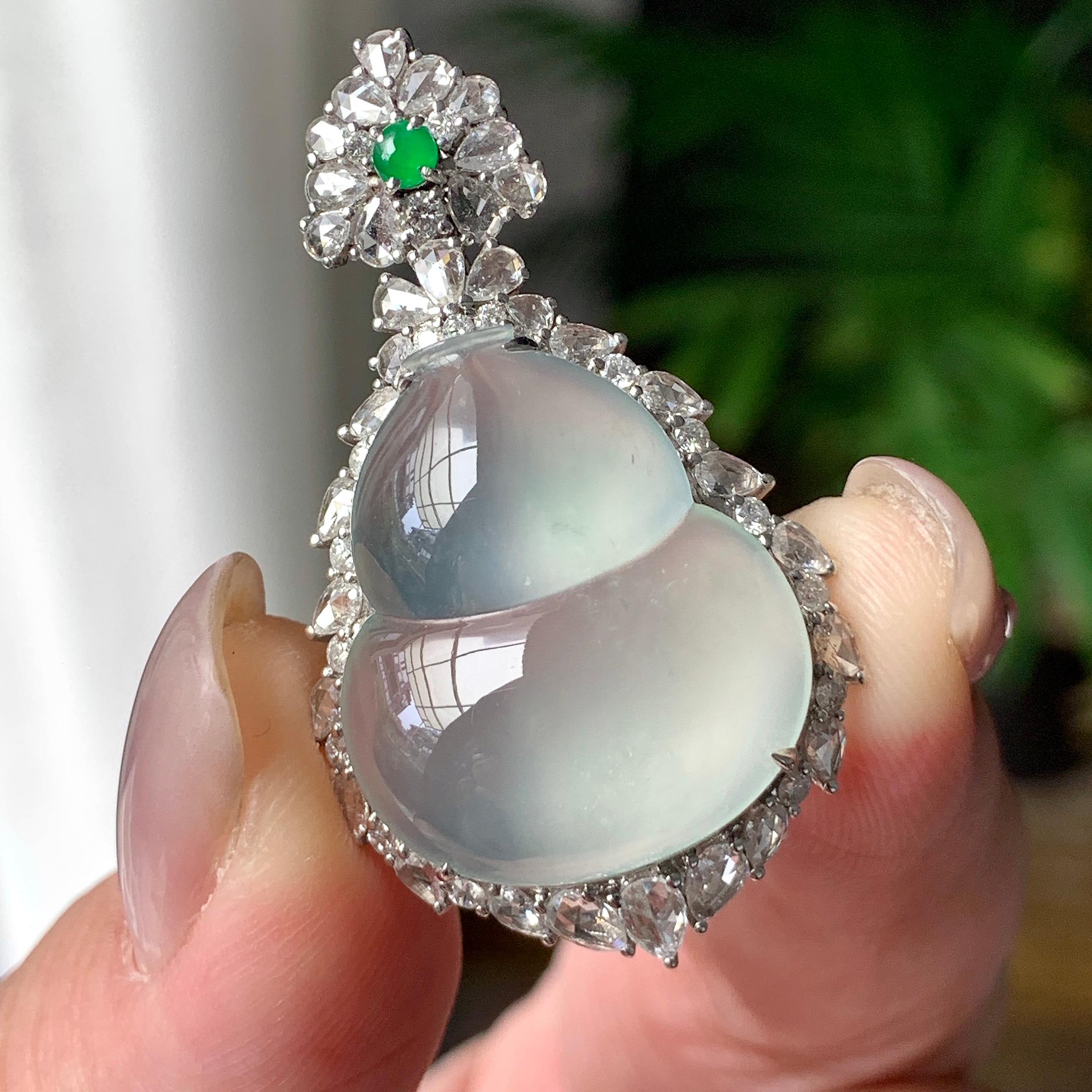 18K金钻镶冰种无色葫芦吊坠 天然缅甸A货翡翠（yc402922）