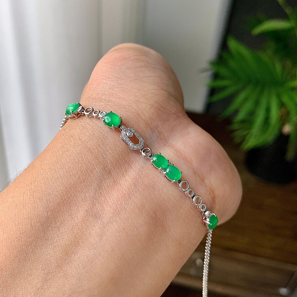 18k金钻镶冰种满绿蛋面手链（yc215983）