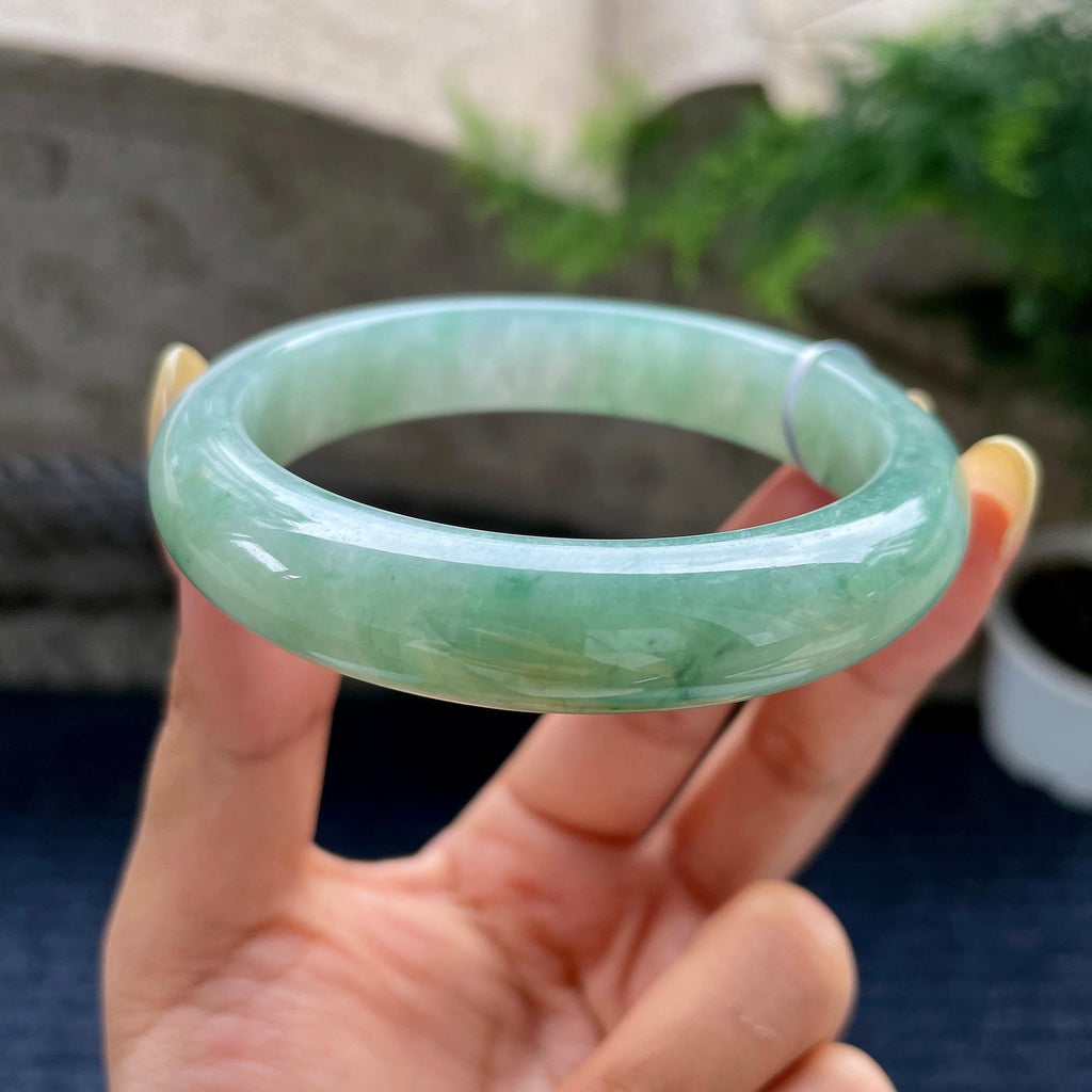 大圈口 细糯种晴底飘花正圈平安镯58圈 天然缅甸A货翡翠（yc489155）