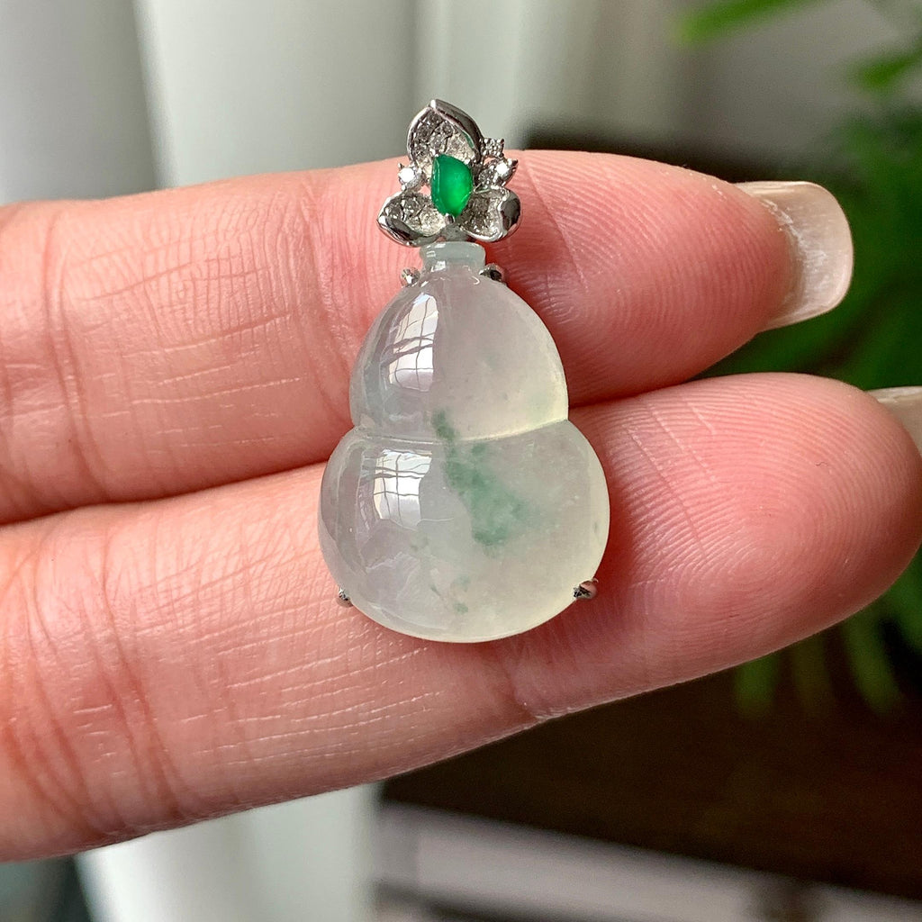 18K金钻镶糯冰种飘绿花葫芦吊坠 天然缅甸A货翡翠（yc356840）