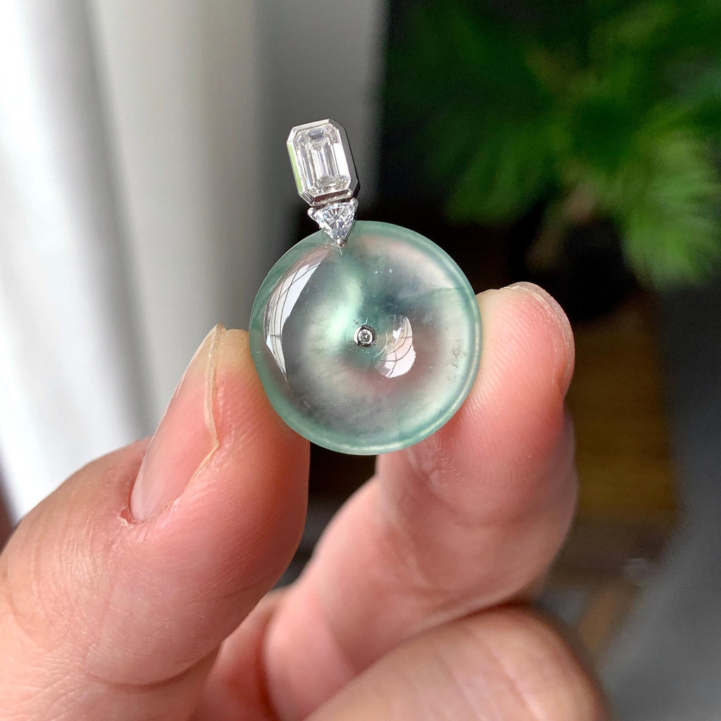 18K金钻镶冰种淡晴底平安扣吊坠（yc257220）