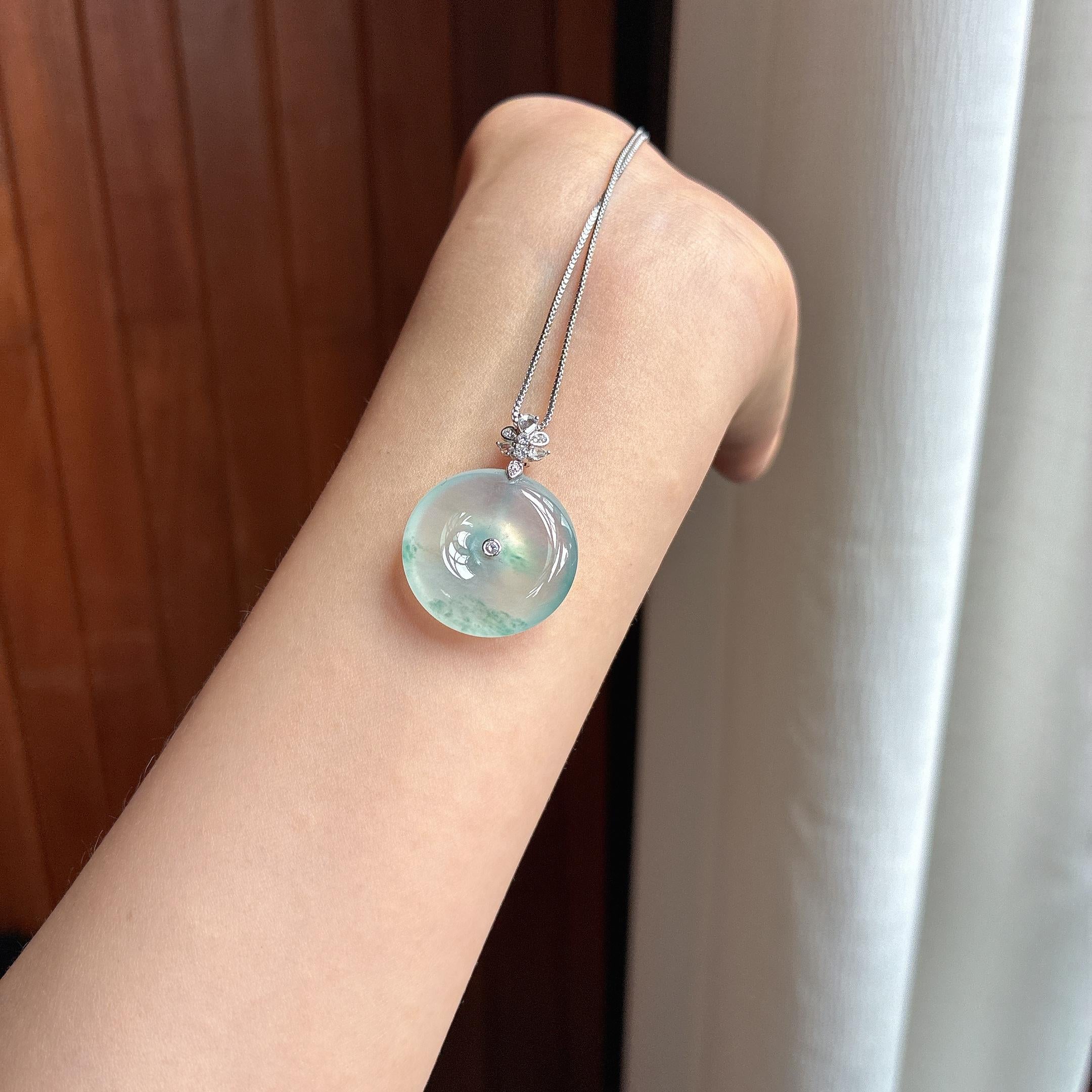 Khuy 18k Vòng Bình An Băng Chủng Phiêu Hoa Ngọc Phỉ Thúy Tự Nhiên Miến Điện Loại A (yc450360)