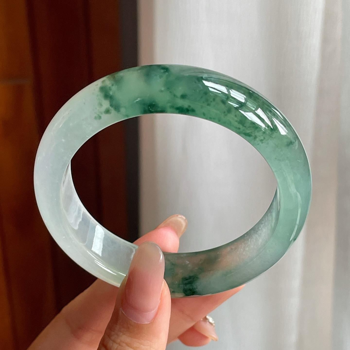 冰玻种飘花翡翠宽版平安镯（55mm）（yc200659）