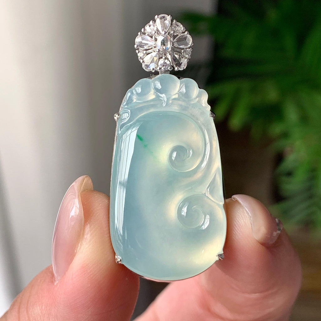 18K金钻镶冰种飘绿花如意吊坠 天然缅甸A货翡翠（yc399284）