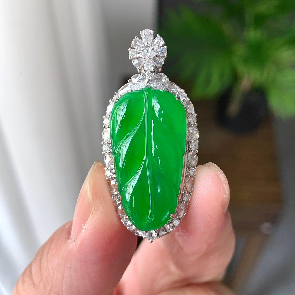 18K金钻镶糯冰种满绿叶子吊坠（yc248212）