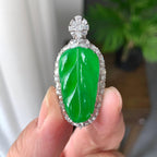 18K金钻镶糯冰种满绿叶子吊坠（yc248212）