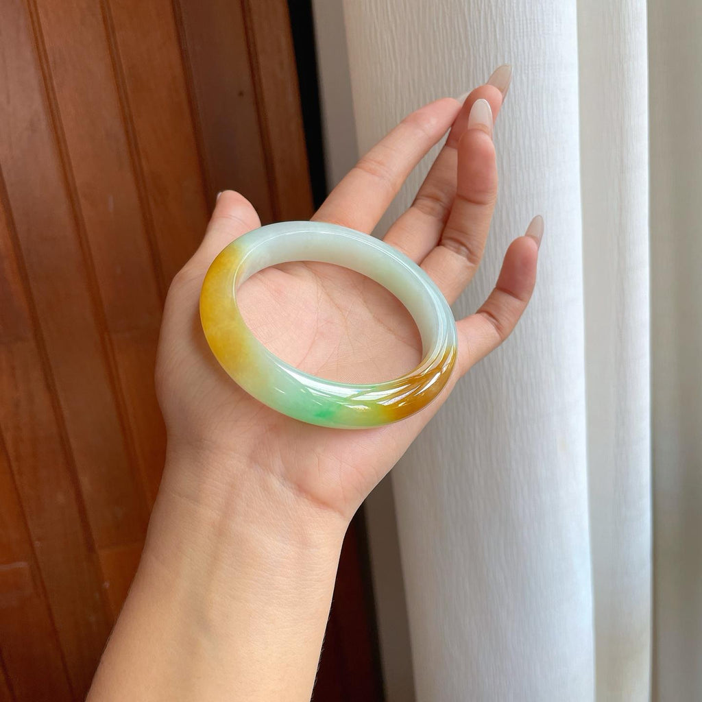 糯冰黄加绿翡翠平安镯（58.5mm）（yc268243）