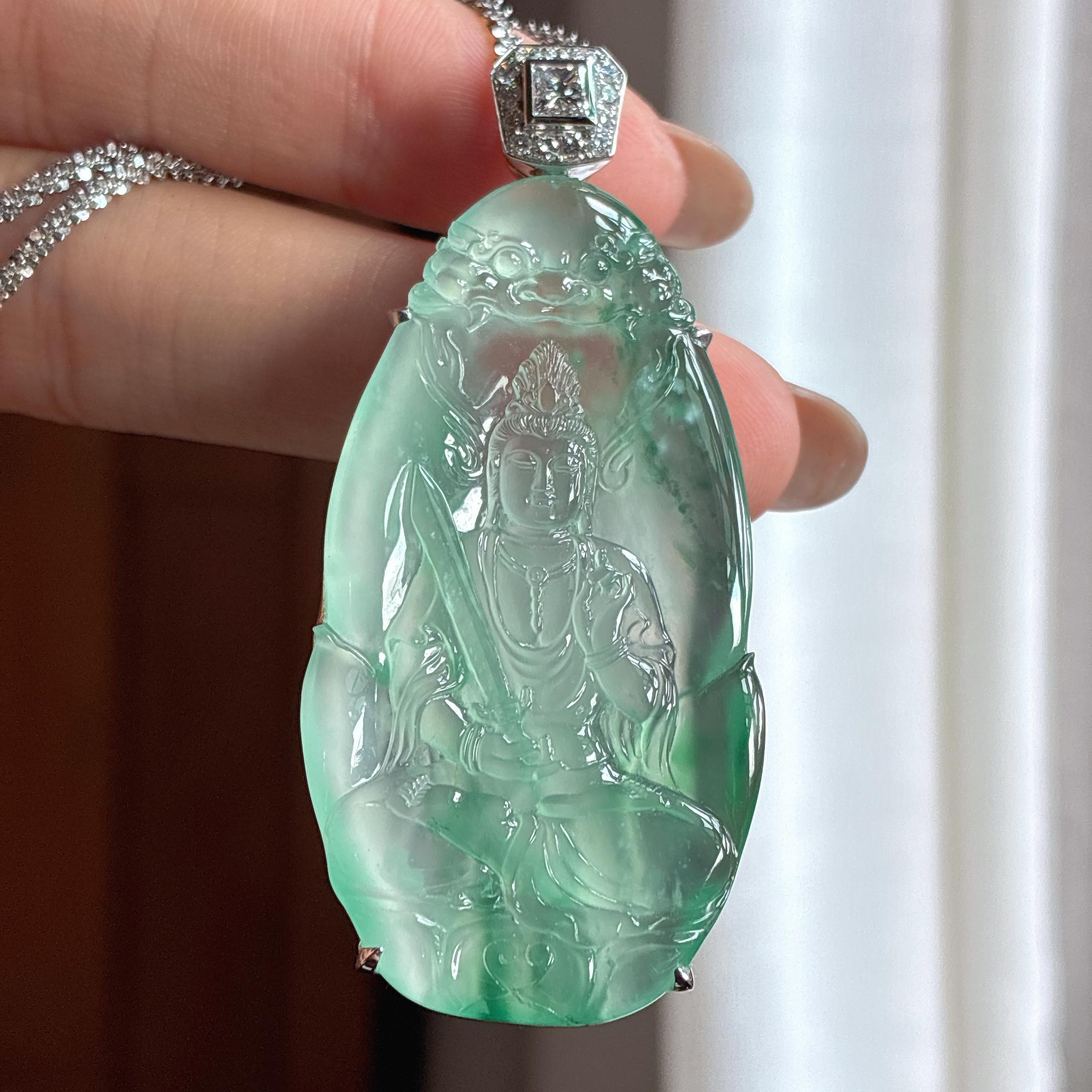 18k金镶冰玻种飘花翡翠文殊菩萨（yc436461）