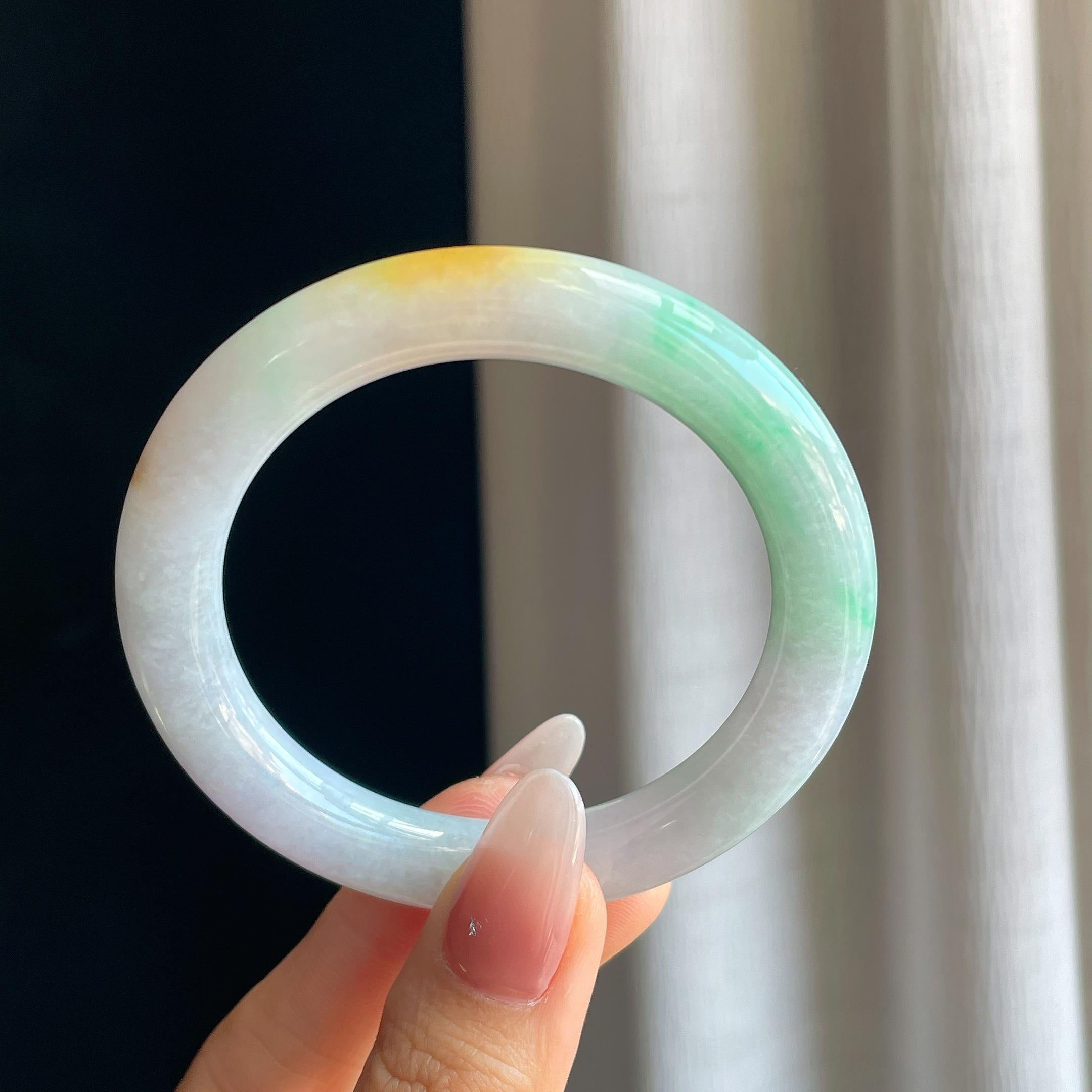 糯冰黄加绿翡翠圆条手镯（53mm）（yc295022）