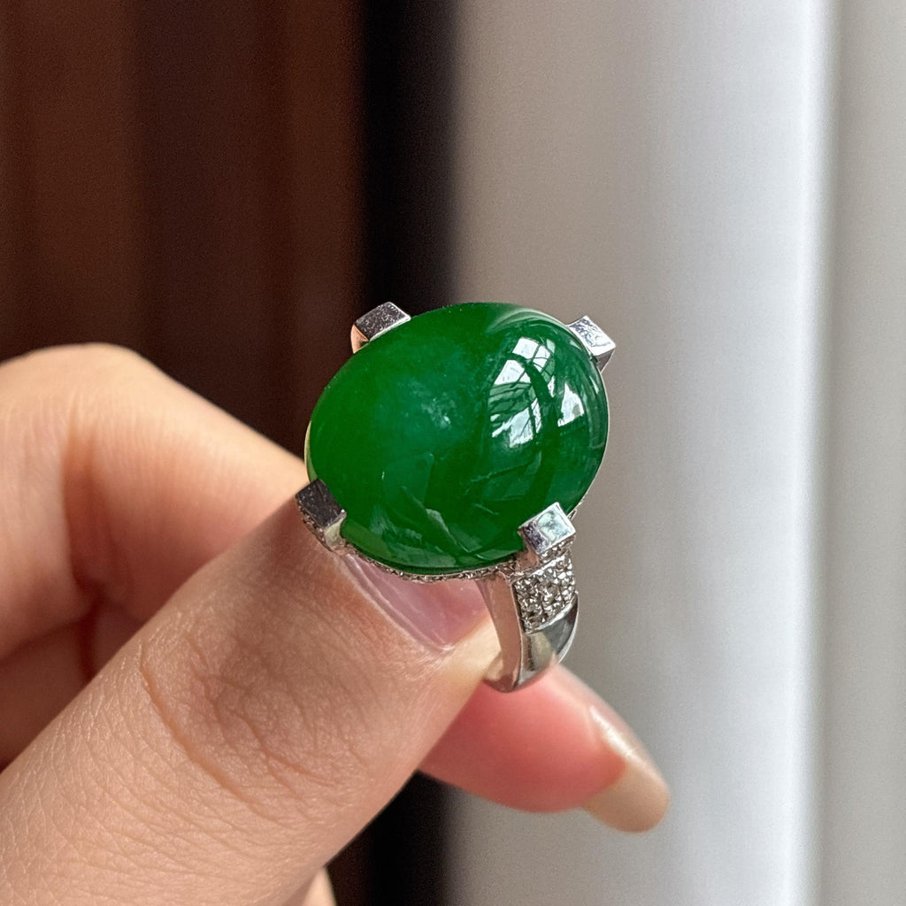 Nhẫn Ngọc Phỉ Thúy Myanmar A Tự Nhiên 18k Vàng Khảm Ngọc Băng Chủng Mãn Lục (yc450394)