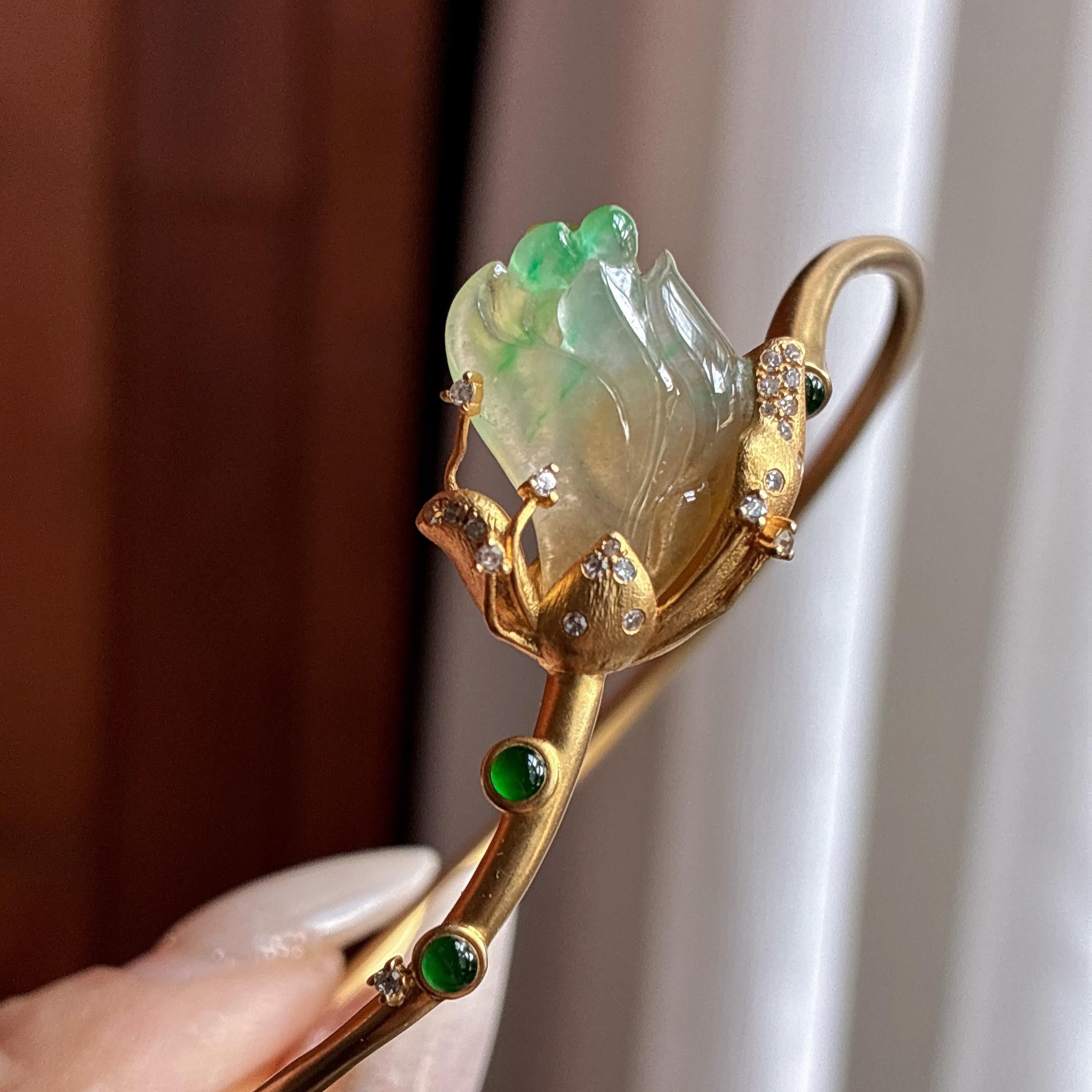 18k金镶冰种黄加绿莲花手镯 天然缅甸A货翡翠（yc525526）