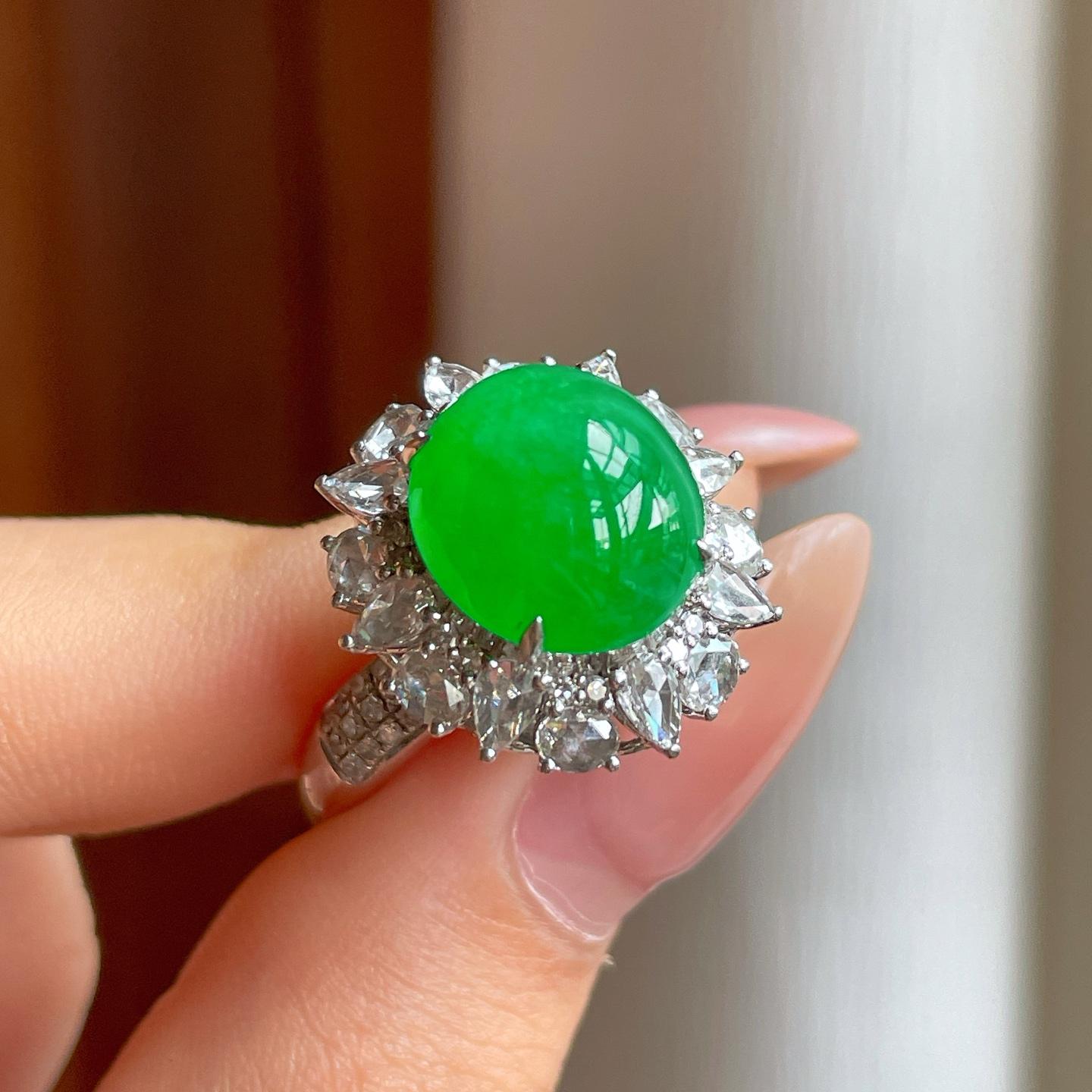 18k金钻镶冰种满绿翡翠戒指（yc350494）