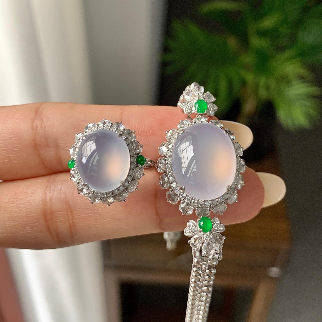 18K金钻镶冰种紫罗兰蛋面手链/吊坠/戒指（两件套）（yc252246）