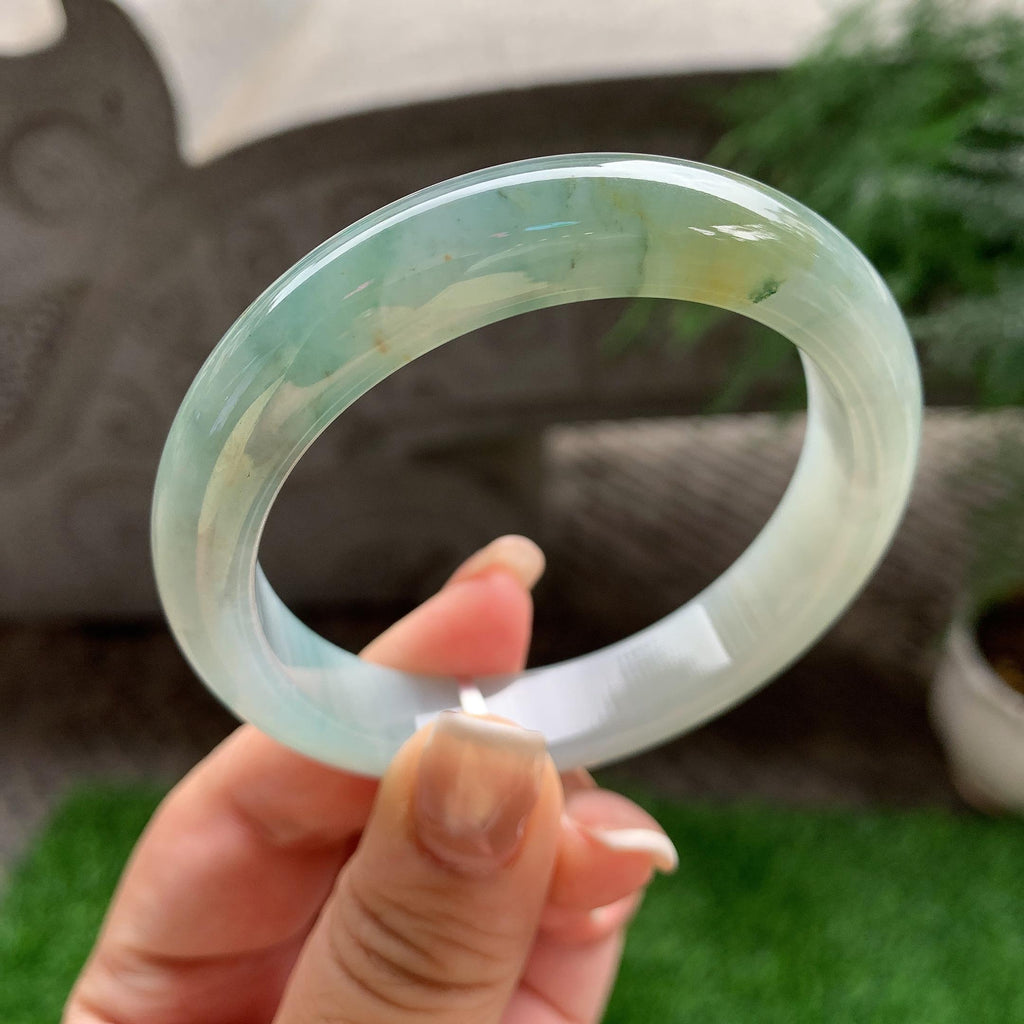 细糯种油青底飘蓝花黄翡正圈平安镯 56.2圈口 天然缅甸A货翡翠（yc383137）