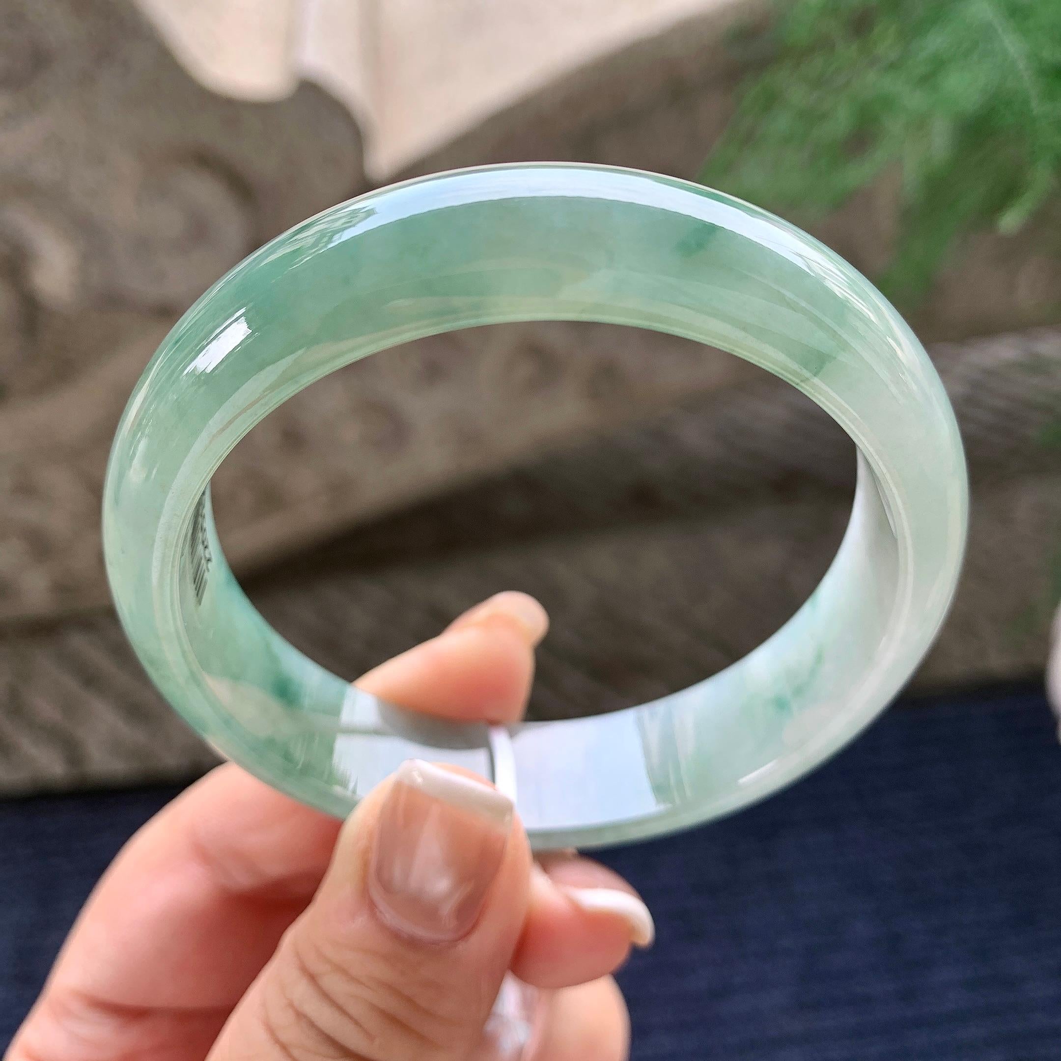 大圈口 糯冰种飘绿花宽版轮胎手镯 58.2圈口 天然缅甸A货翡翠（yc372348）