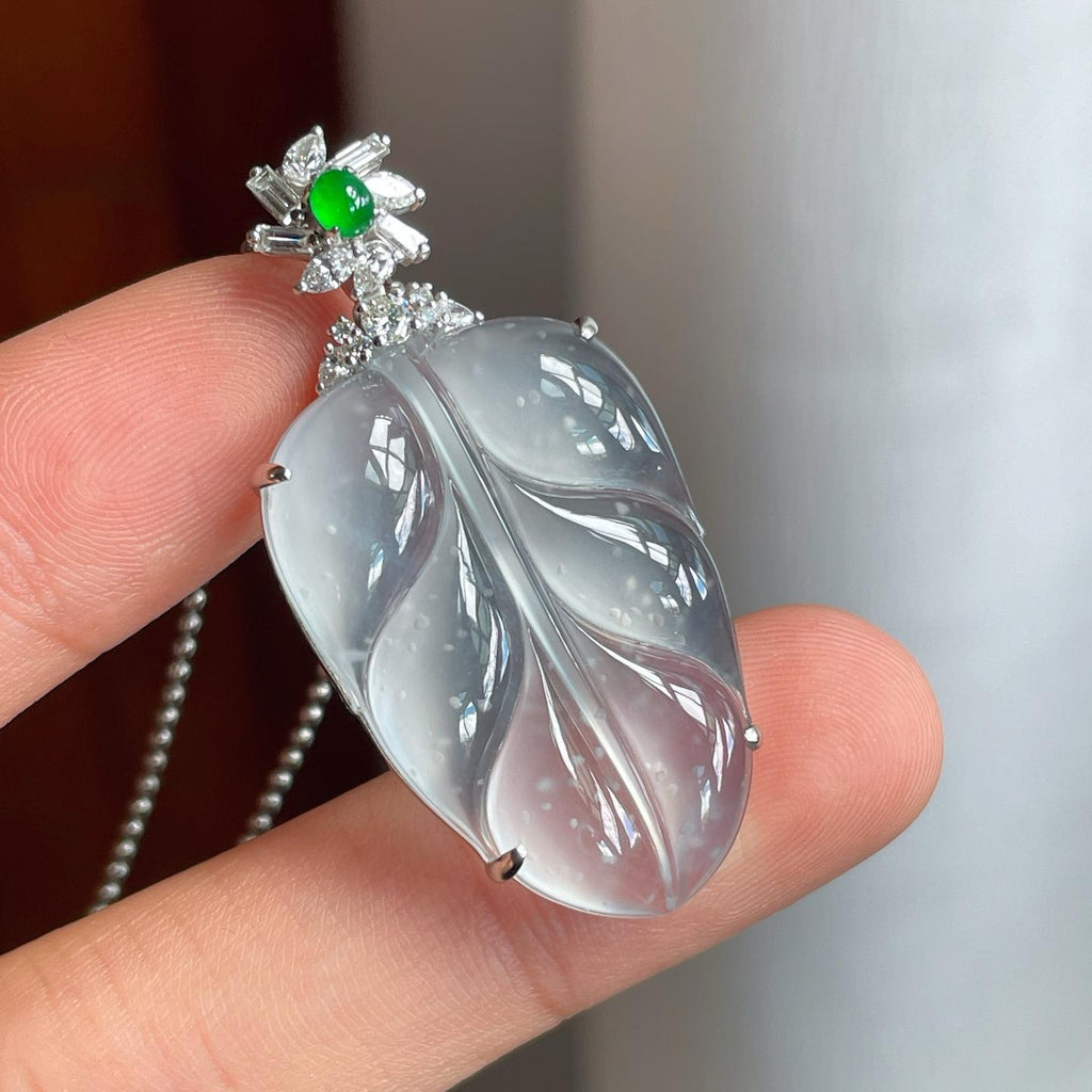 18k金镶冰玻种无色雪花棉翡翠叶子（yc250571）