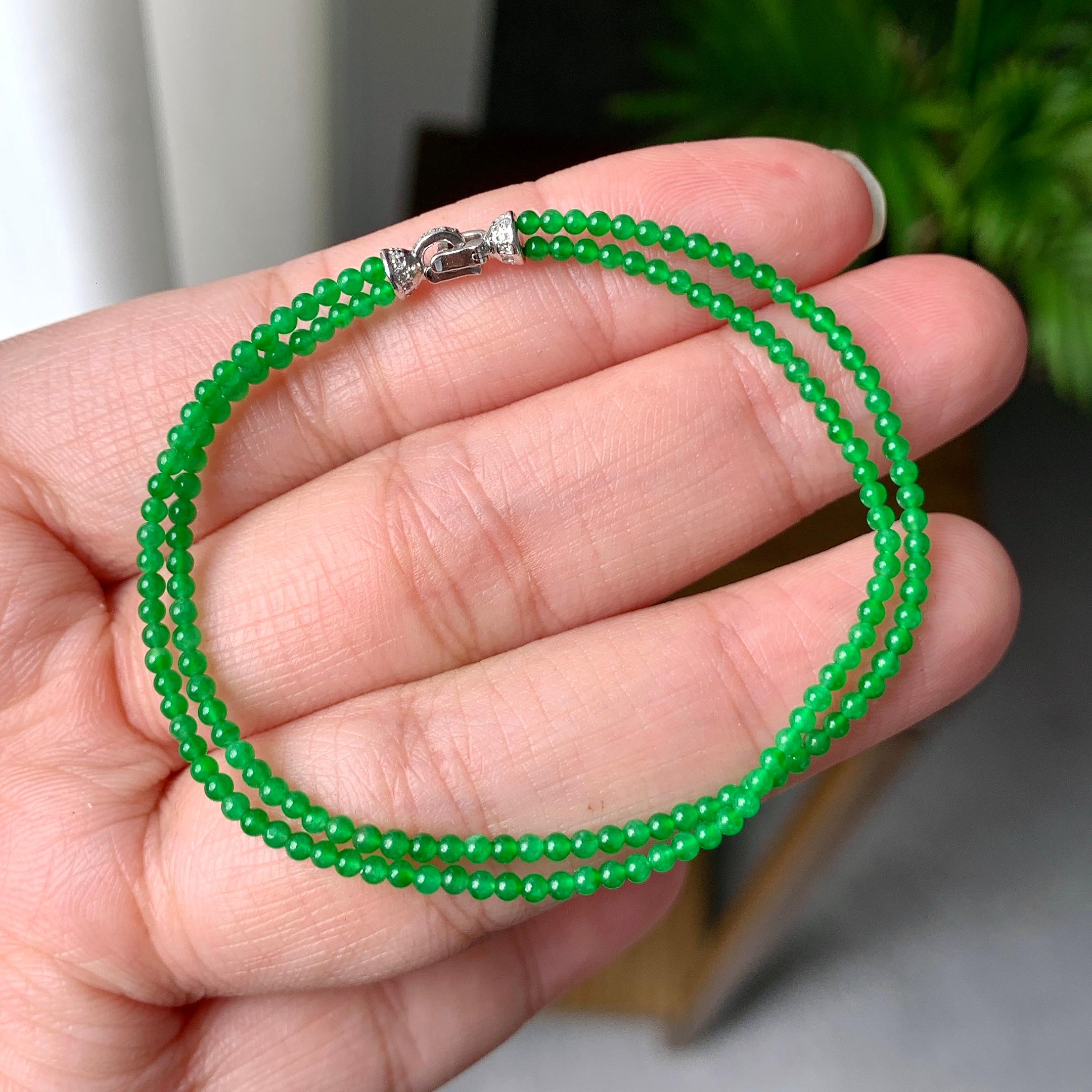 18K金钻镶糯冰种满绿小米珠链/手链（两用款）（yc252061）