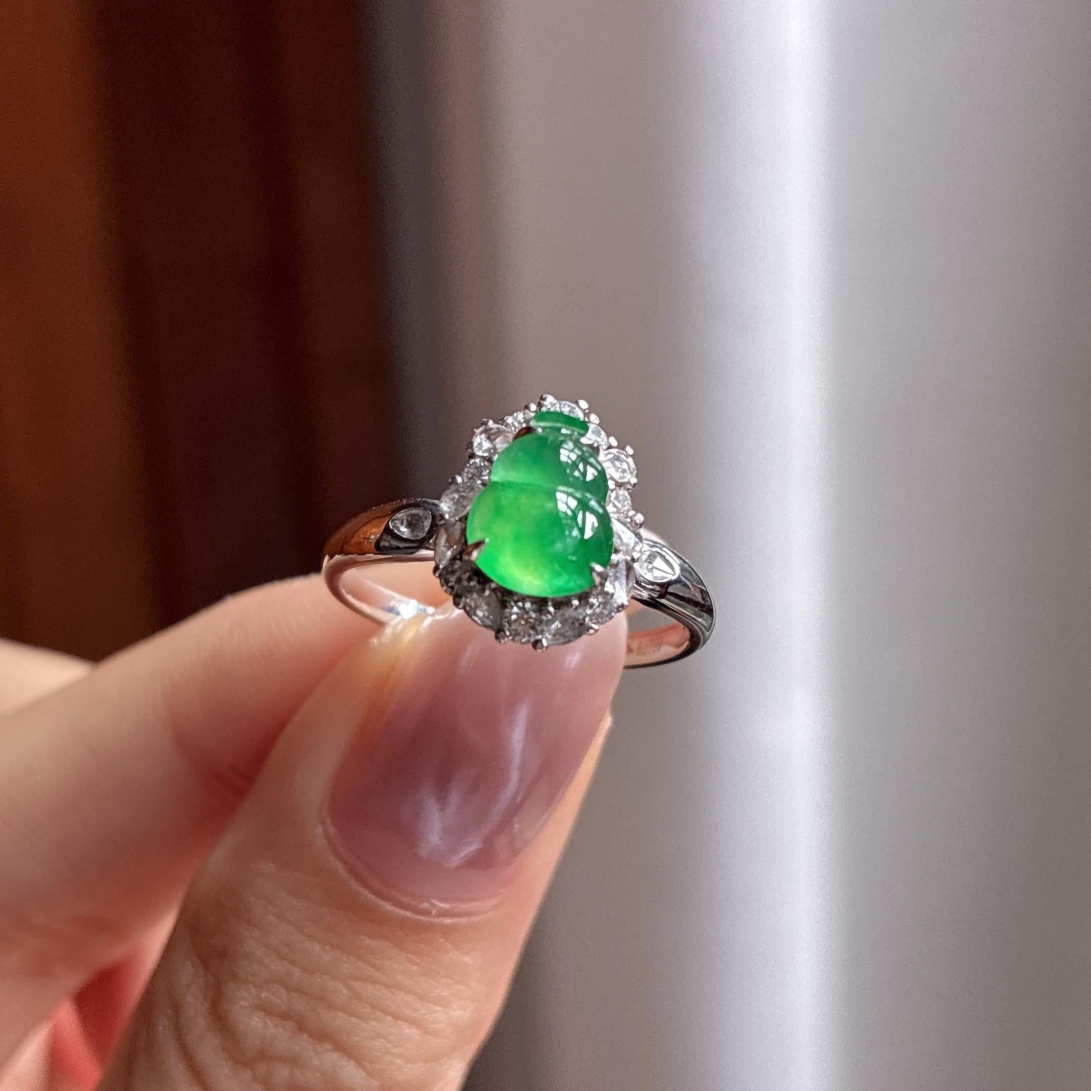 18k金镶冰种满绿葫芦戒指 天然缅甸A货翡翠（yc697858）