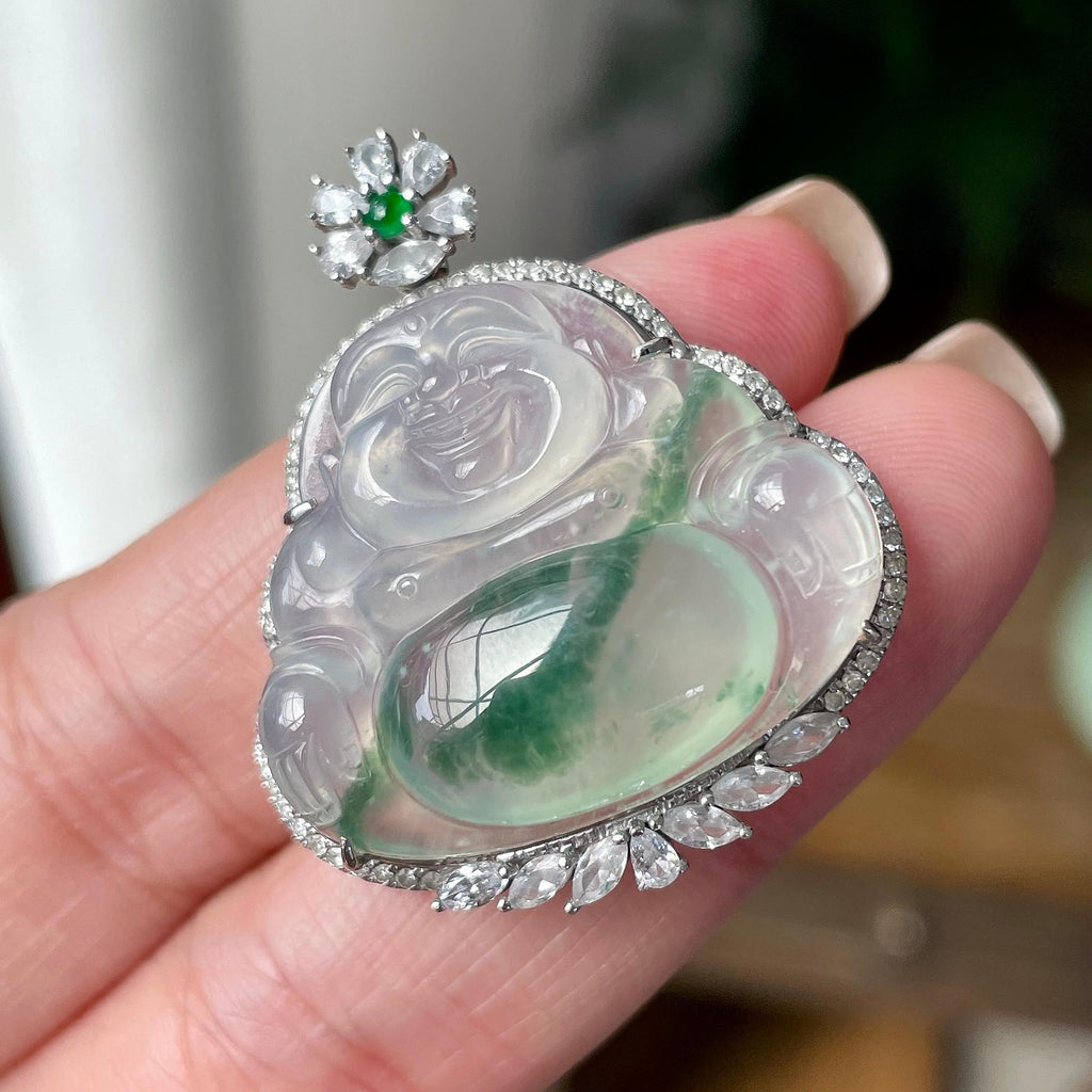 18K金钻镶糯冰种飘绿花佛公吊坠 天然缅甸A货翡翠（yc350006）