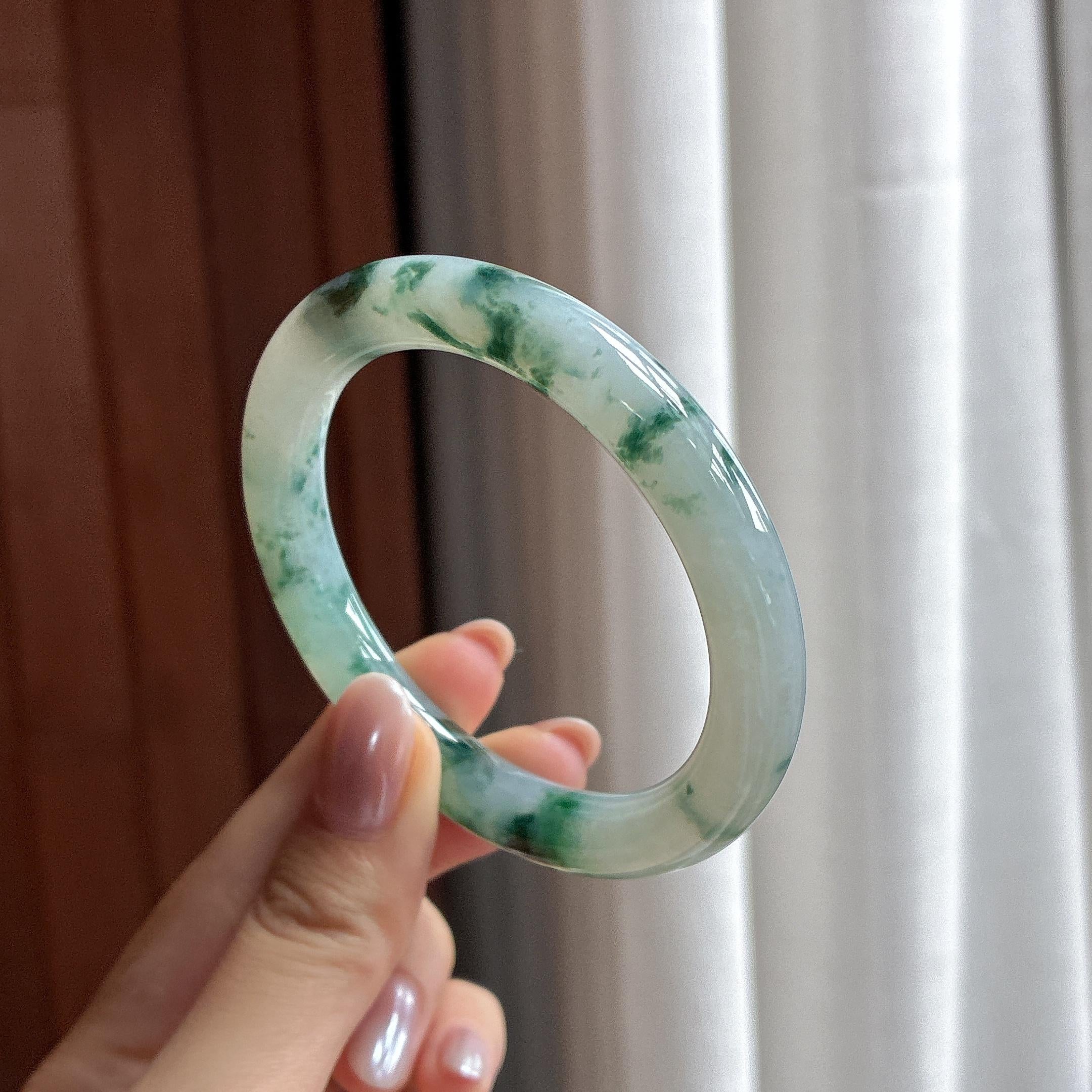 糯冰飘花圆条手镯 53圈 天然缅甸A货翡翠（yc497825）